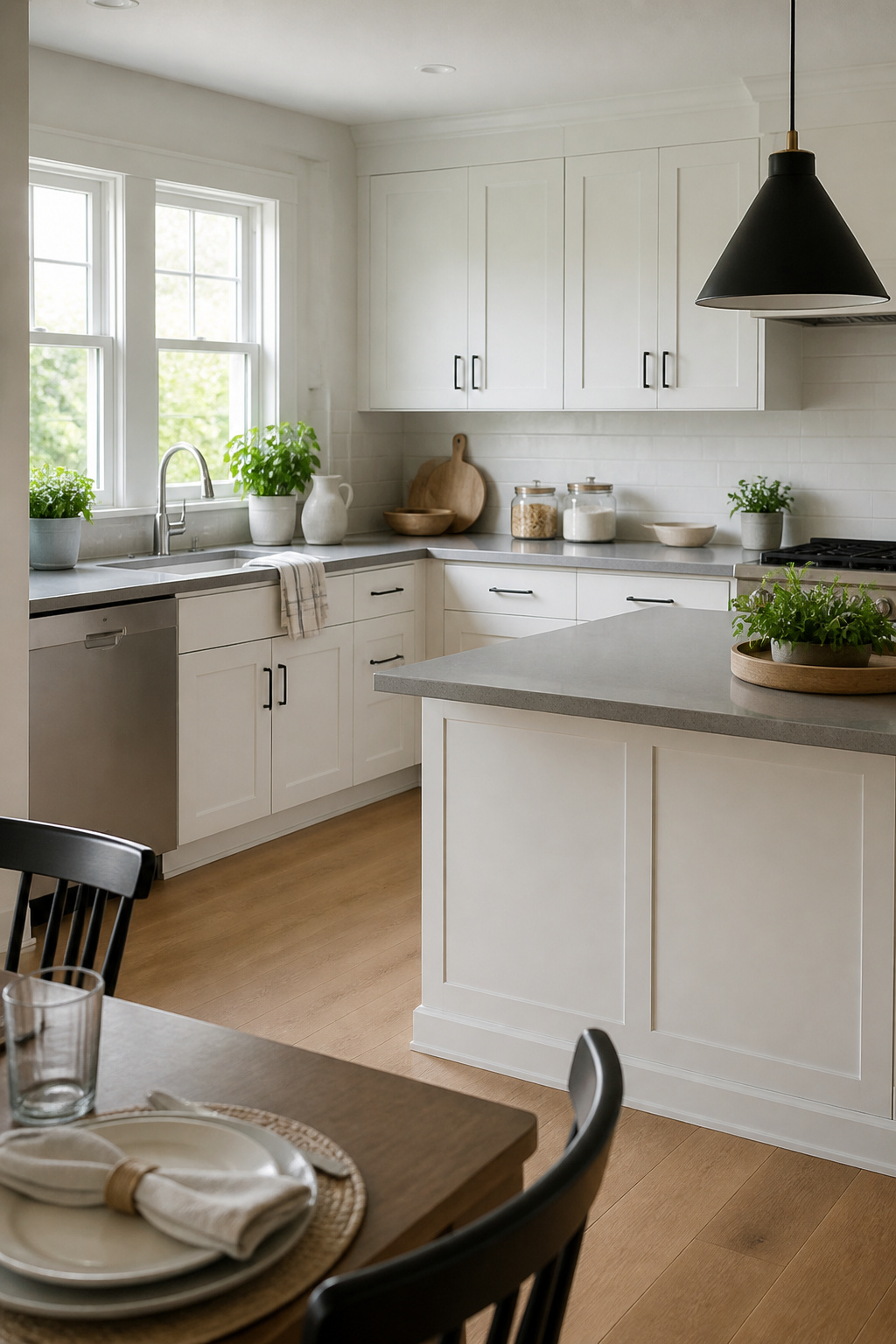 Modern kitchen featuring Sherwin Williams Pure White cabinets and oak tones.