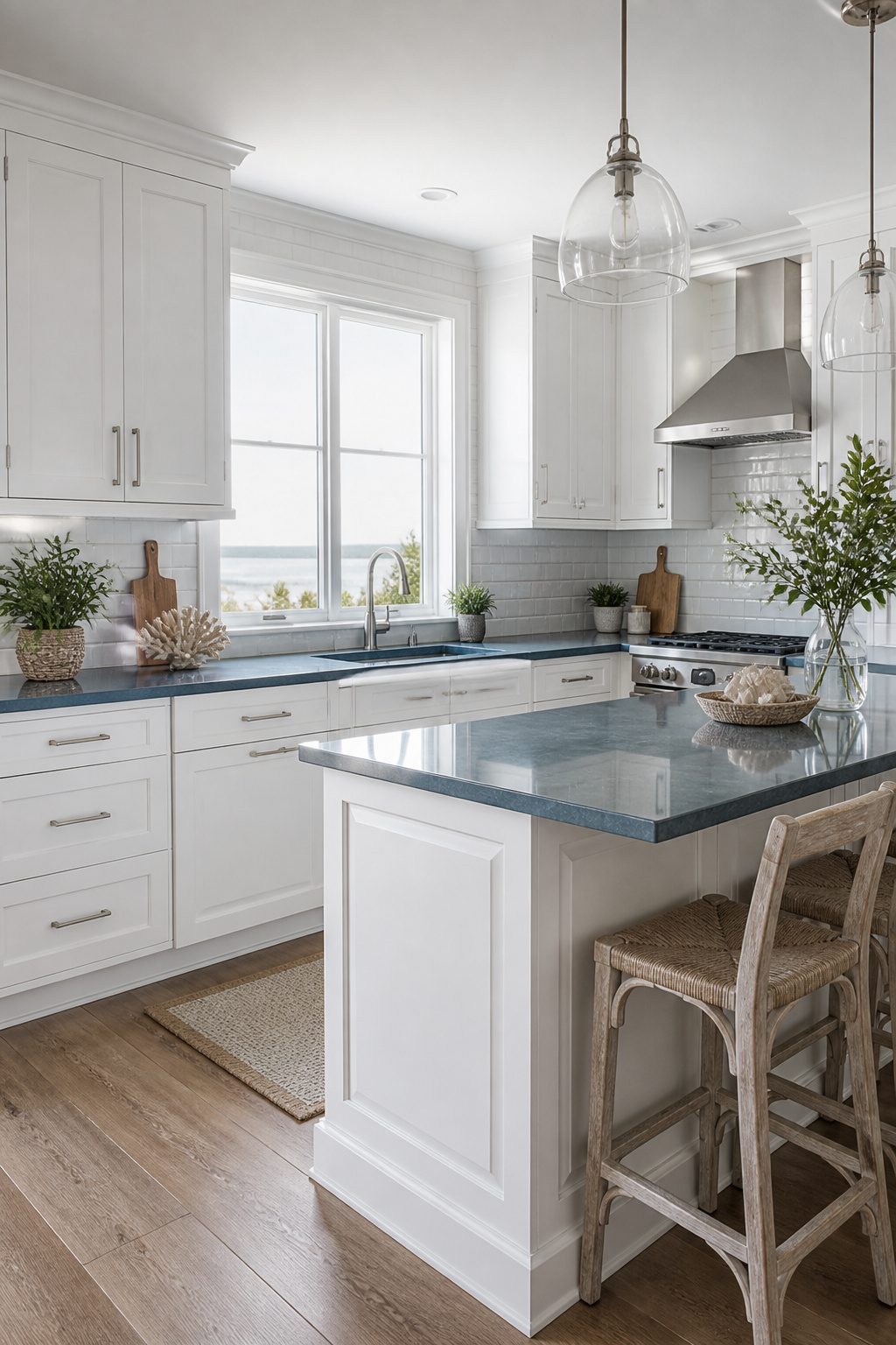 Coastal kitchen with Sherwin Williams Snowbound cabinets and blue-gray accents.
