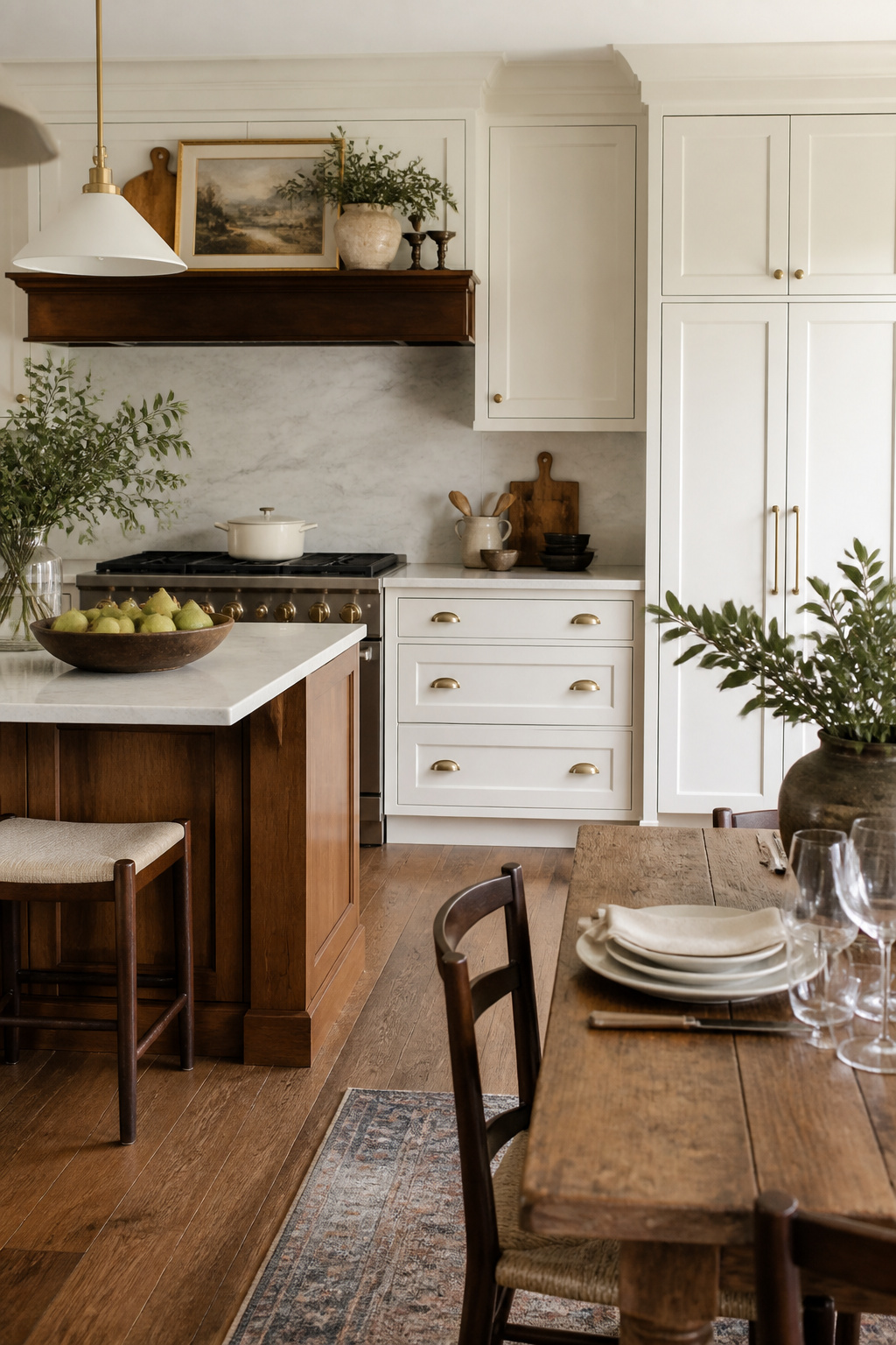 Traditional kitchen featuring Benjamin Moore White Dove cabinets and oak floors.