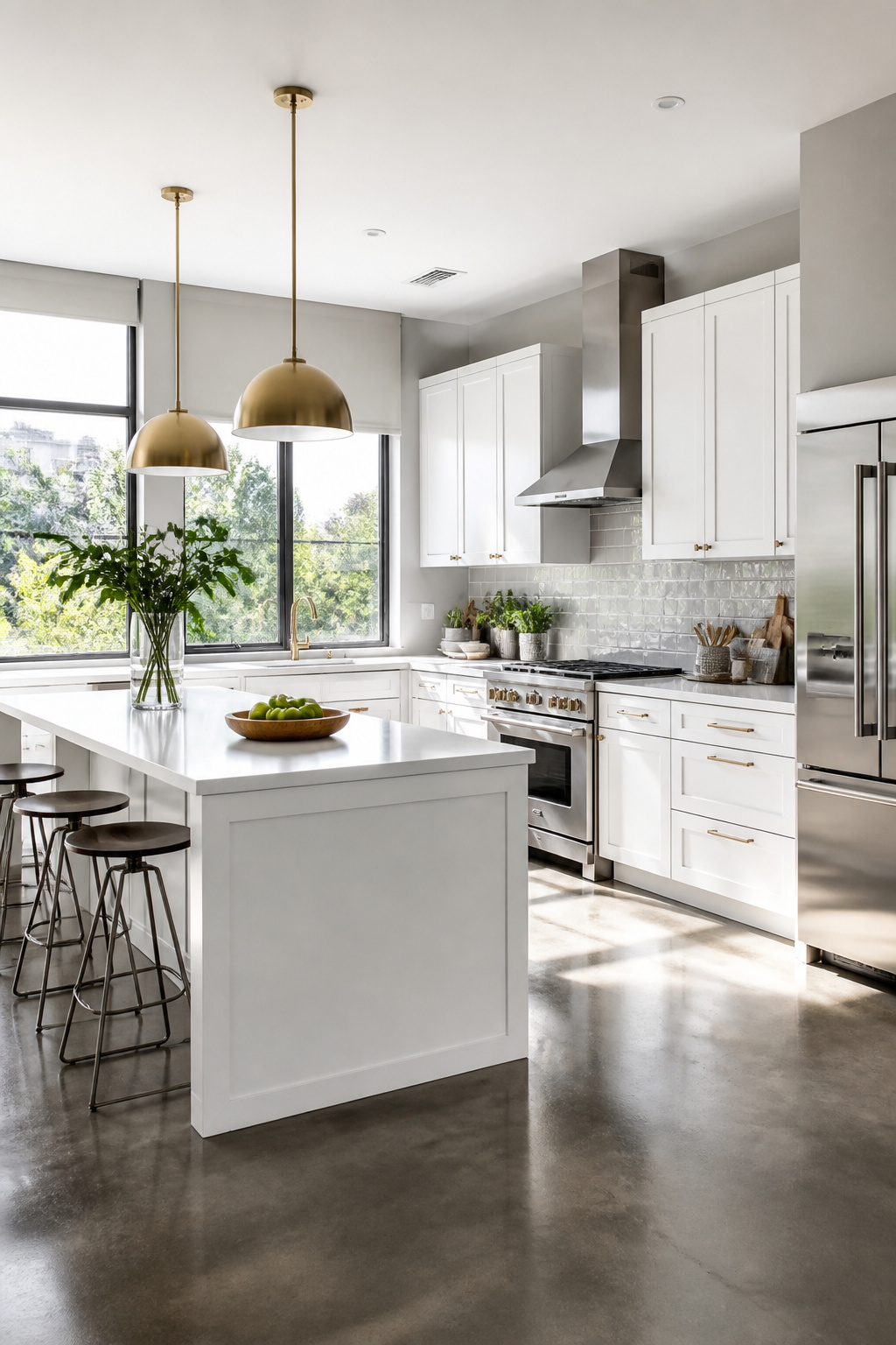 Urban kitchen with sleek Benjamin Moore Chantilly Lace cabinets and gray walls.