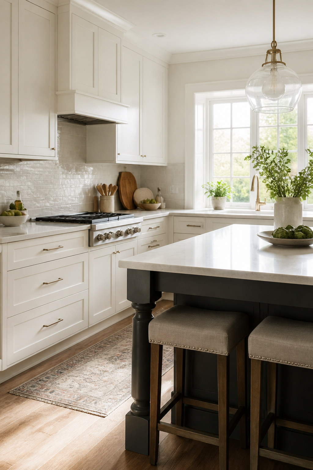 Bright kitchen showcasing Benjamin Moore Simply White cabinets and greenery.