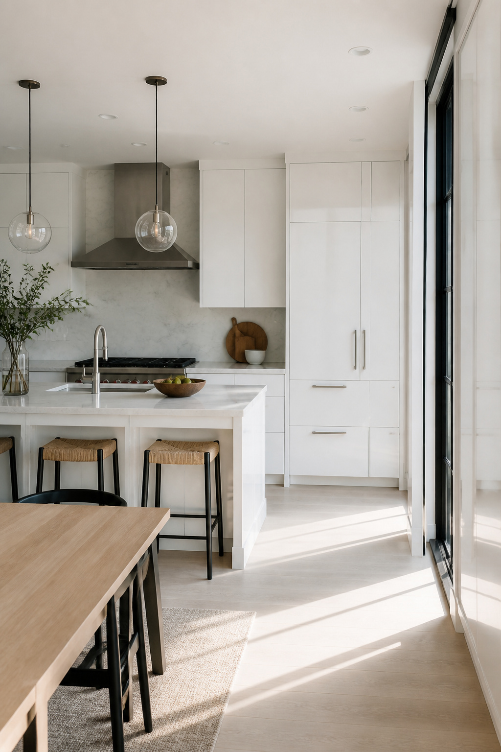 Minimalistic kitchen with Sherwin Williams High Reflective White cabinets.