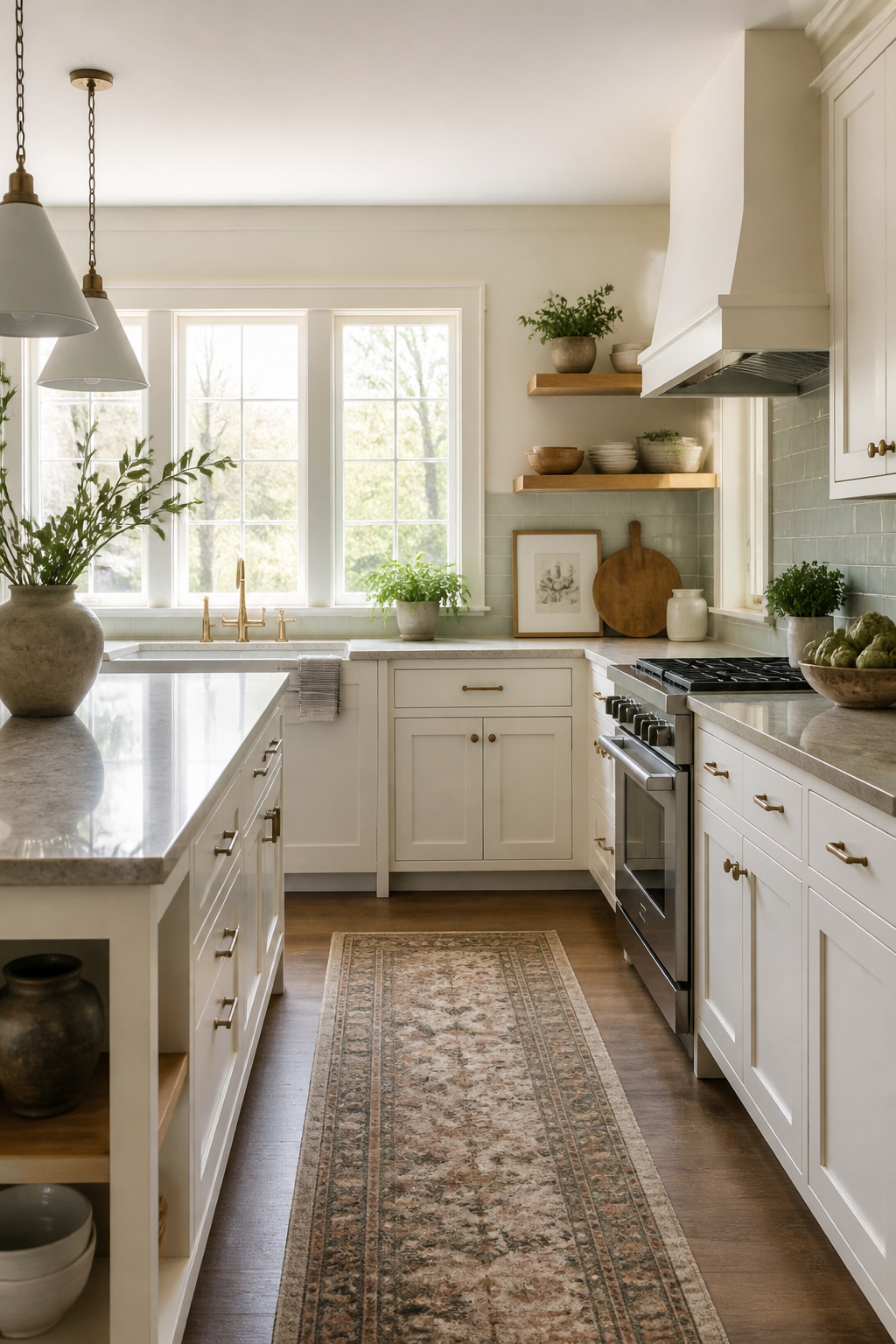 Transitional kitchen featuring Benjamin Moore Cloud White cabinets and rustic decor.