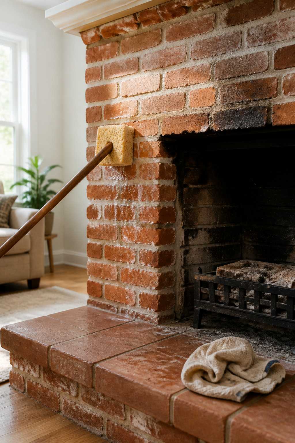 A sponge soaked in vinegar and water cleaning a brick fireplace.