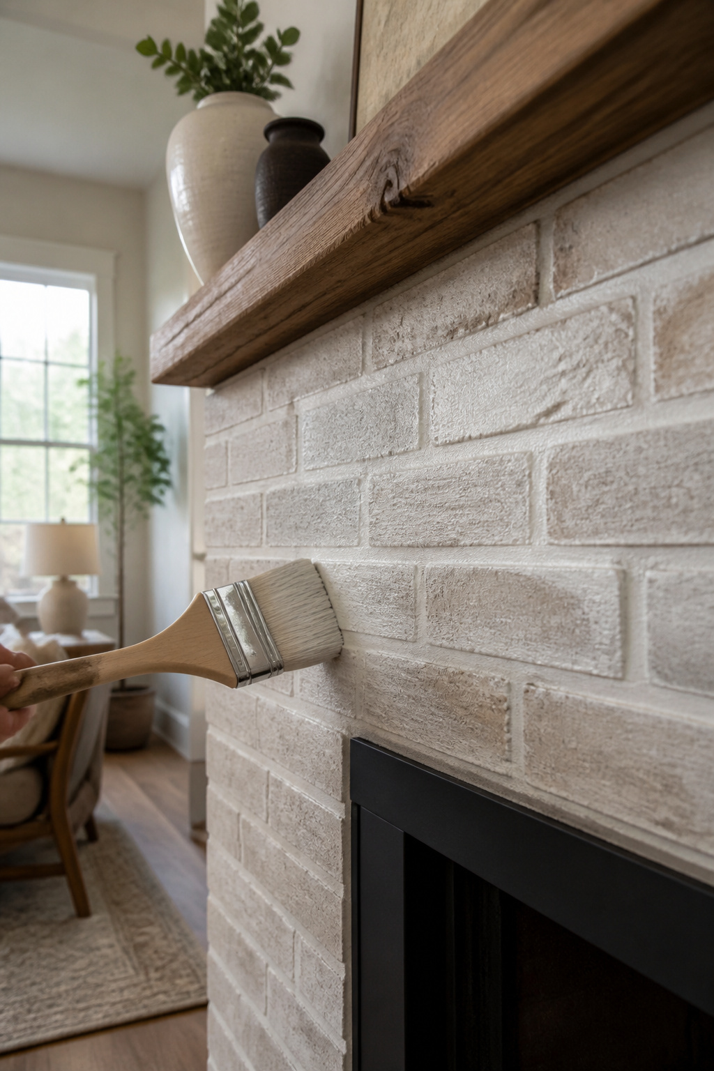 A chip brush applies wash to the grout lines of a fireplace.