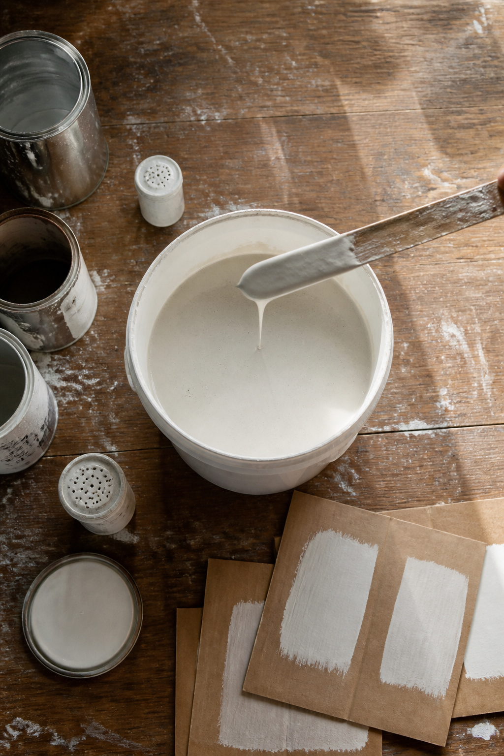 A container shows the paint and water mixture for whitewashing.