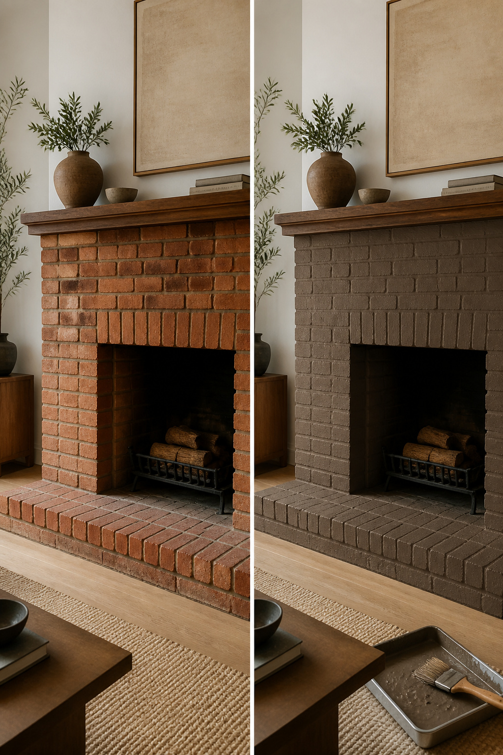A brush applies a brown base coat on the brick fireplace.