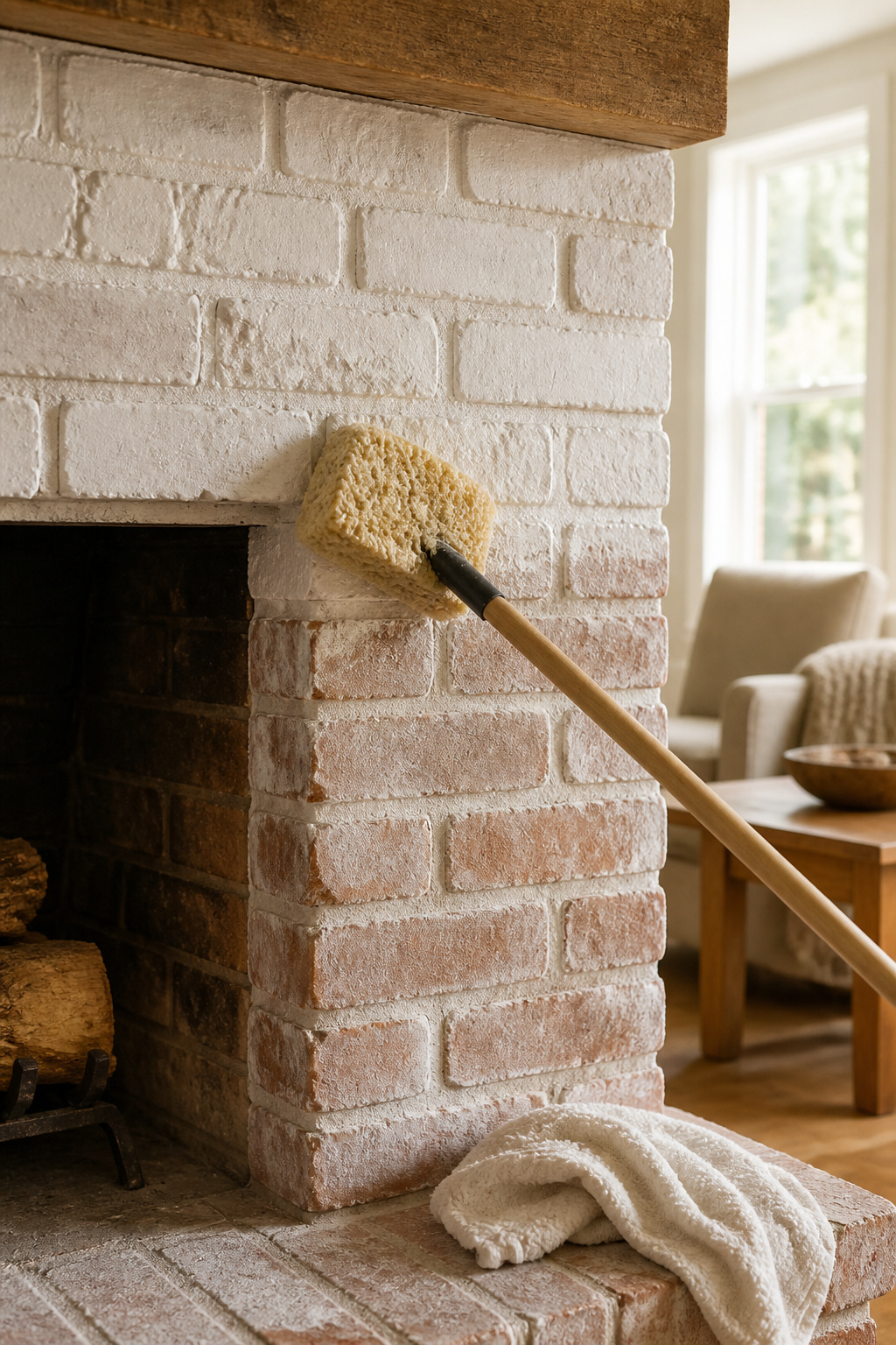 A sponge applies a thin layer of whitewash on the brick.