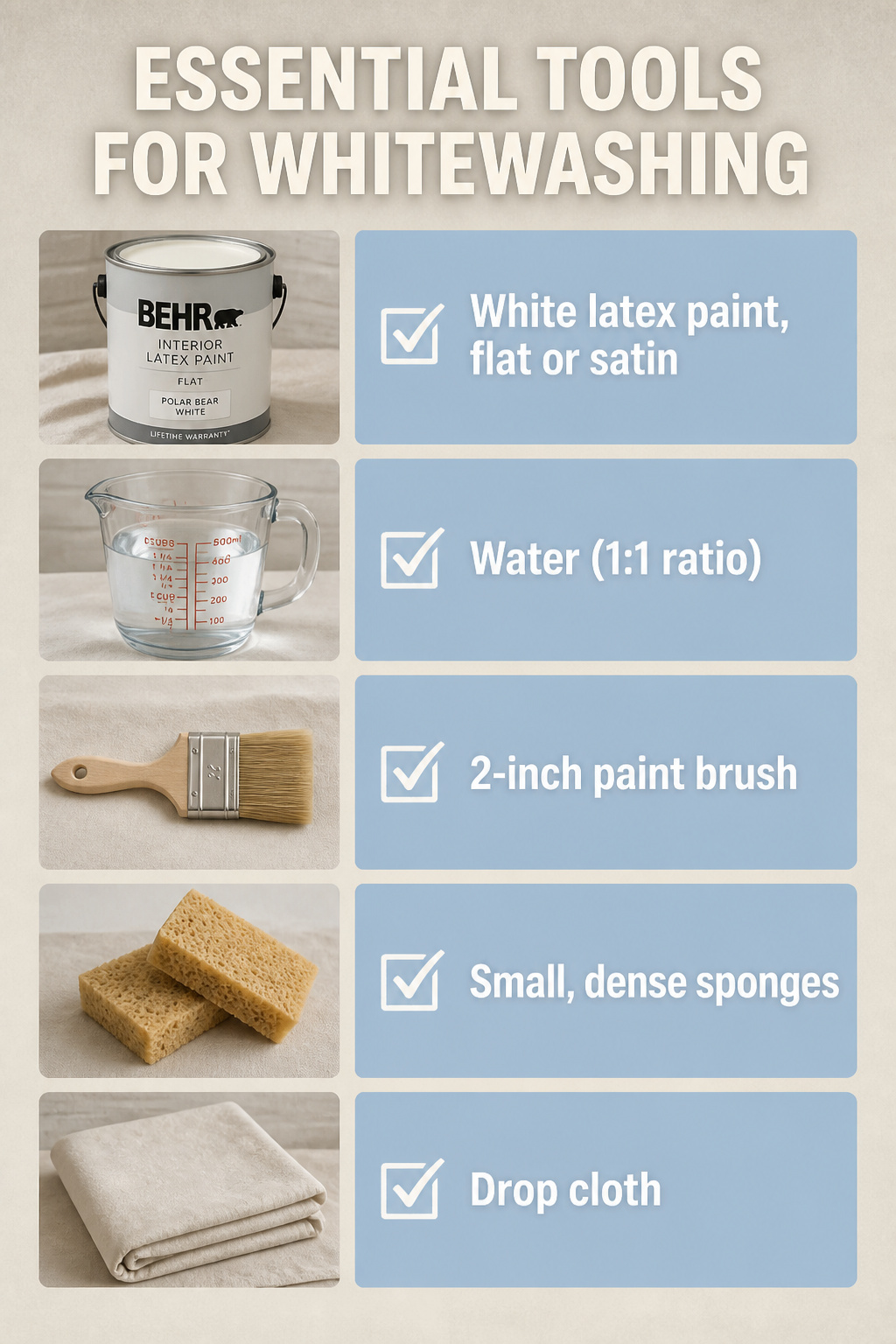 Tools and materials needed for whitewashing a brick fireplace.