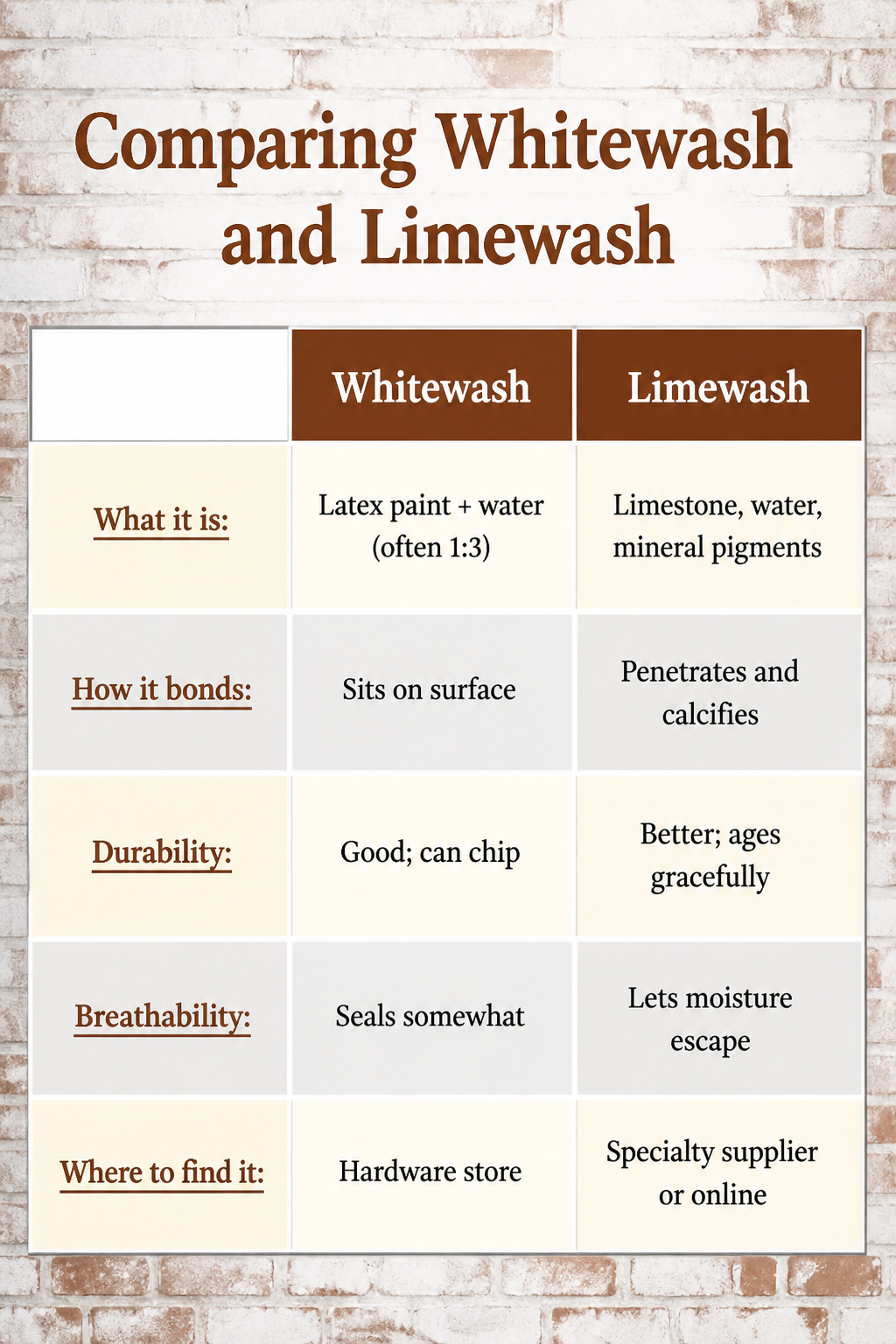 A comparison chart of whitewash and limewash finishes.
