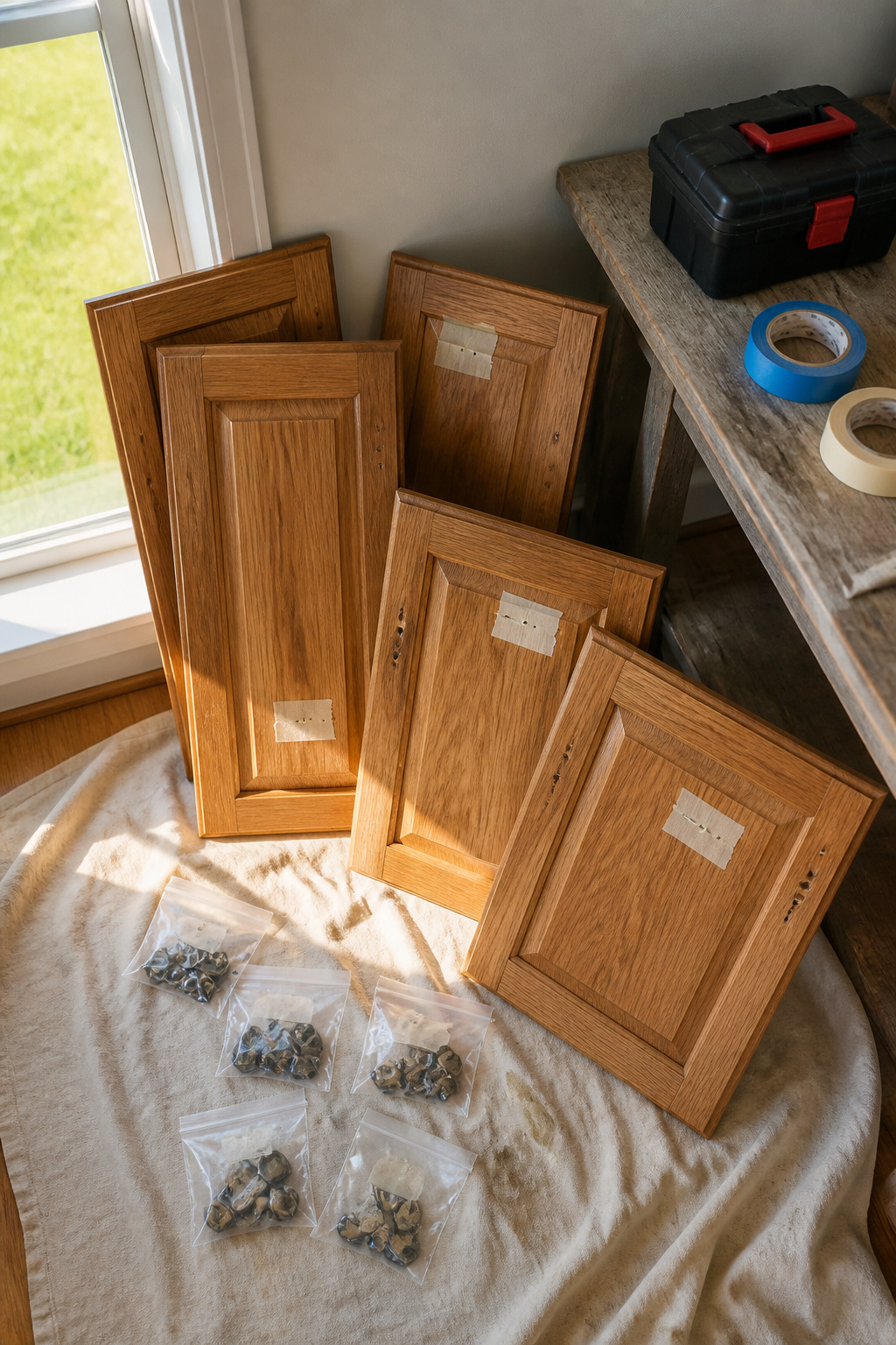 A cabinet door with hardware removed and labeled for reinstallation.