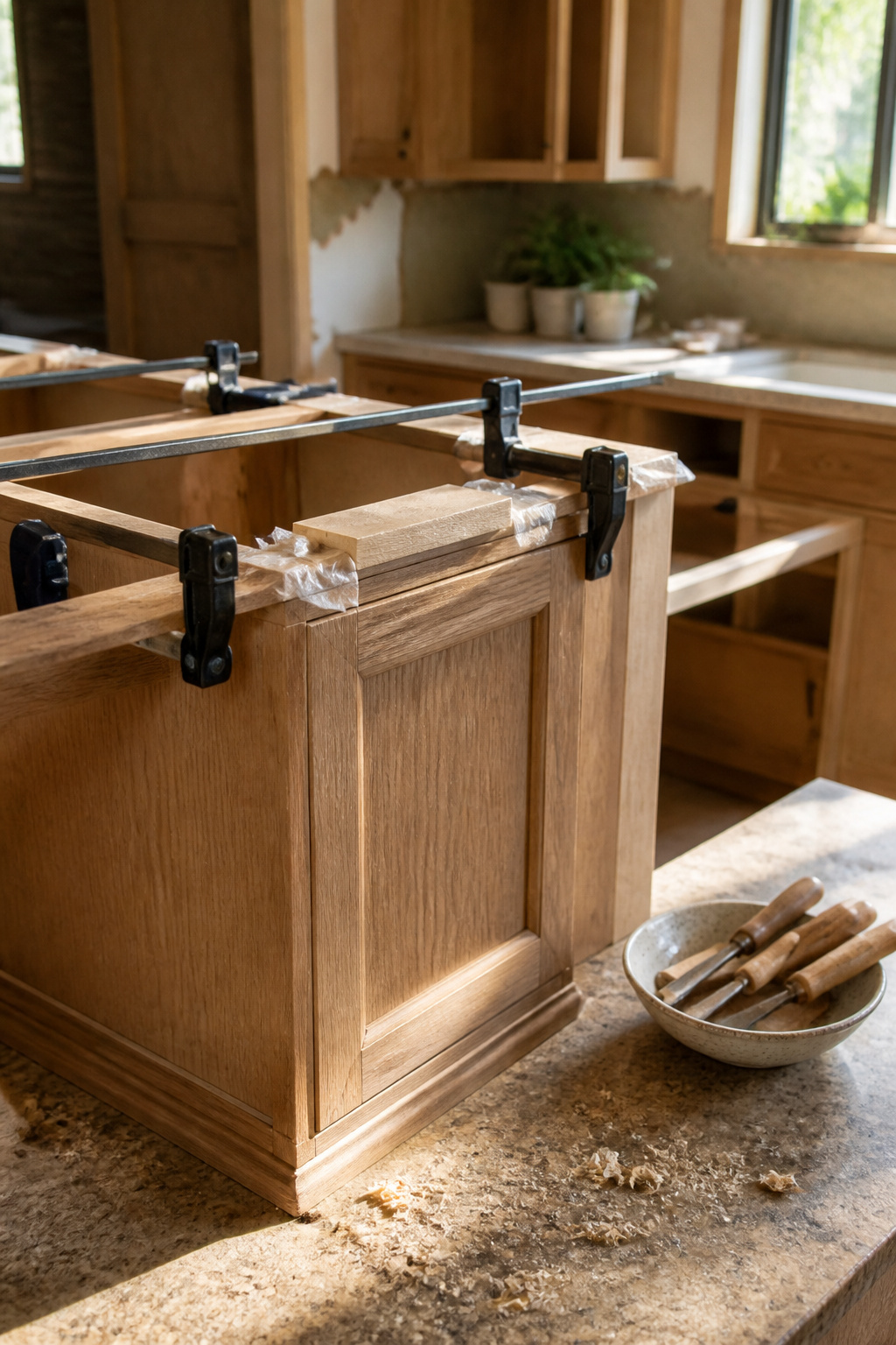 A close-up of wood glue and clamps on an oak cabinet joint.