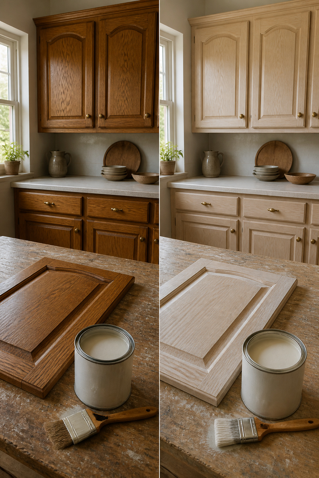A can of transparent white stain next to a stained oak cabinet.