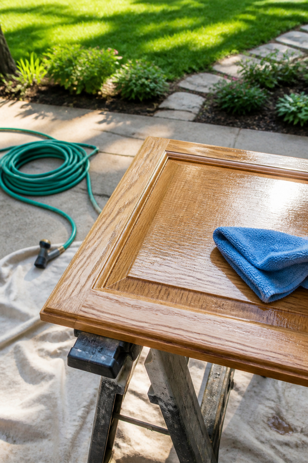 A shiny oak cabinet door being scrubbed with a microfiber cloth.