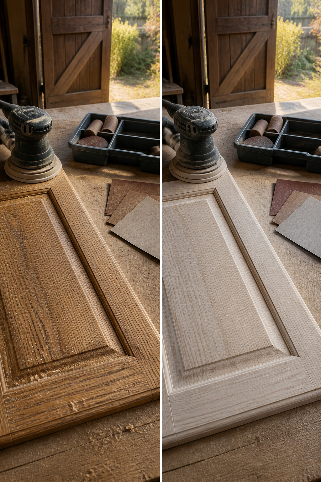 An orbital sander being used on an oak cabinet door.