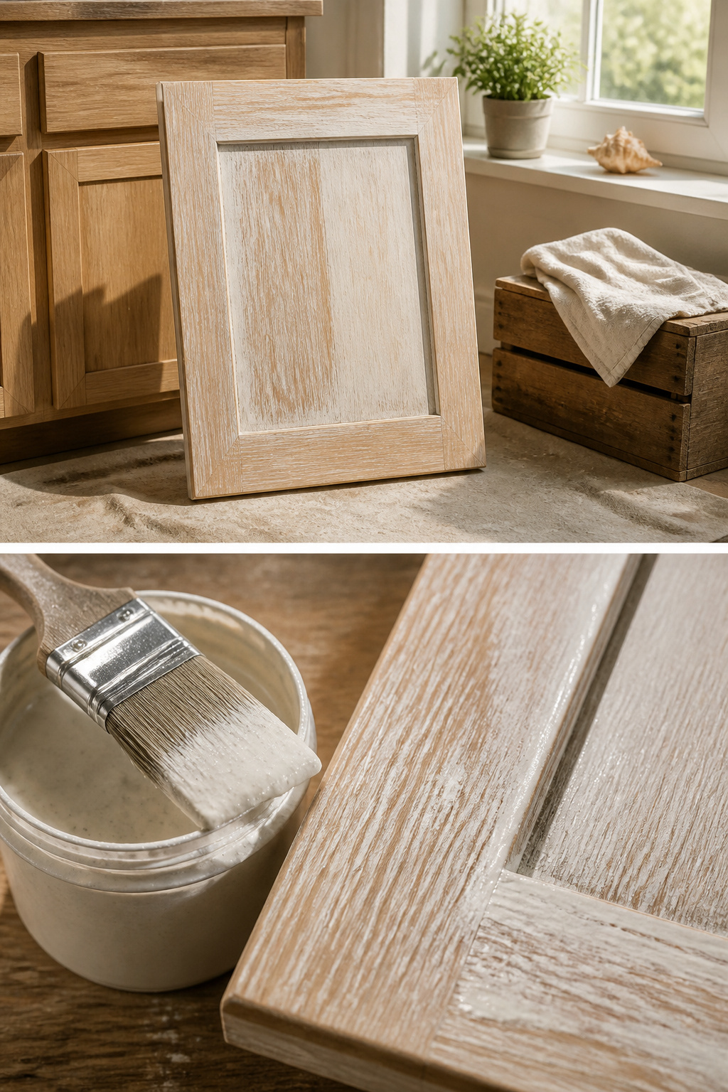 A brush applying a whitewash mixture to an oak cabinet door.