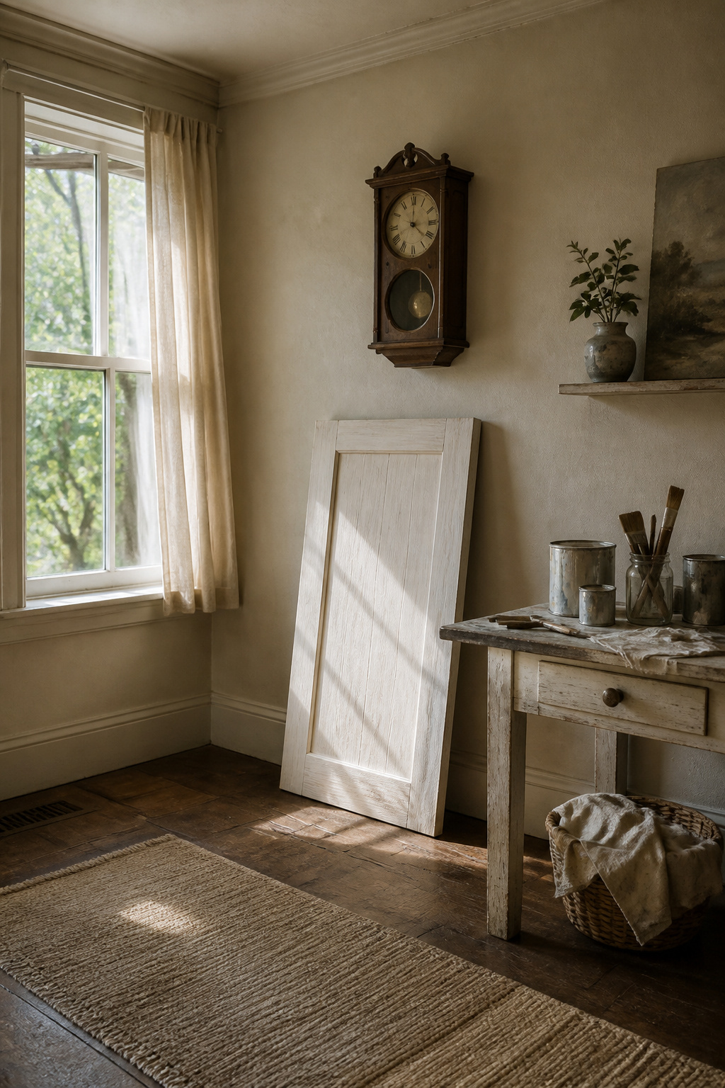 An oak cabinet door drying in sunlight after whitewashing.