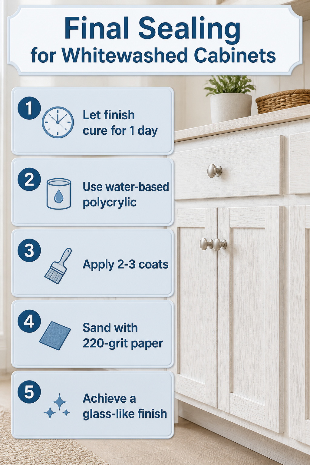 A synthetic bristle brush applying polycrylic to a whitewashed cabinet.