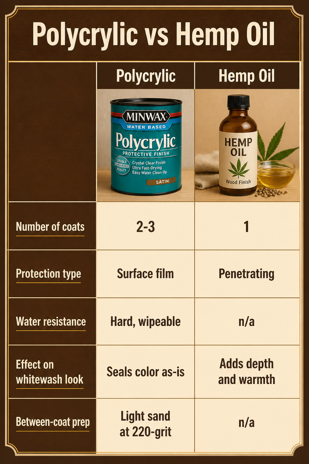 A comparison chart of polycrylic and hemp oil finishes.