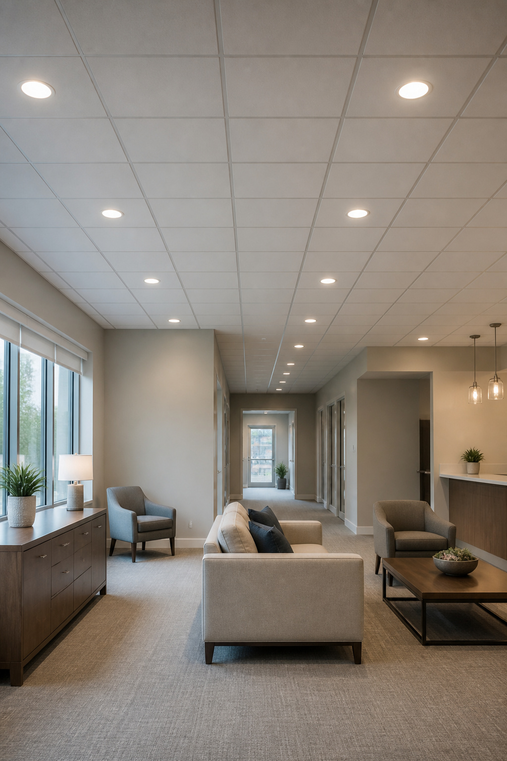 A drop ceiling with flush can lights enhancing a modern interior.
