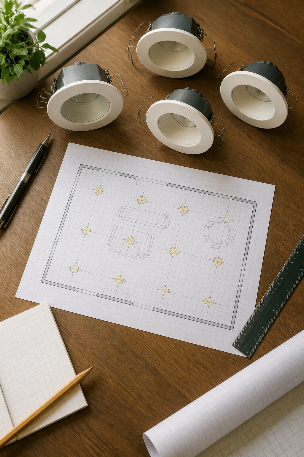 A sketch of a room layout on graph paper for lighting design.