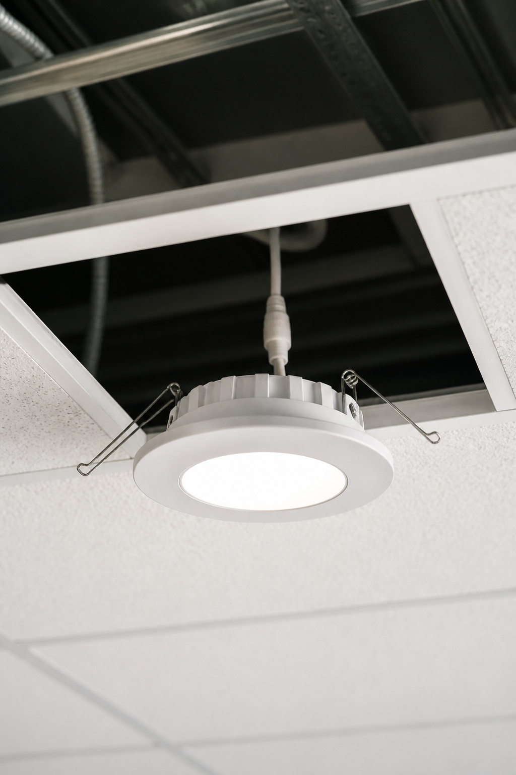 A light housing lowered into a ceiling tile opening for installation.