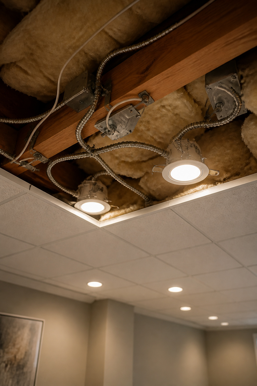Wiring leading from LED fixtures to the ceiling's joists.