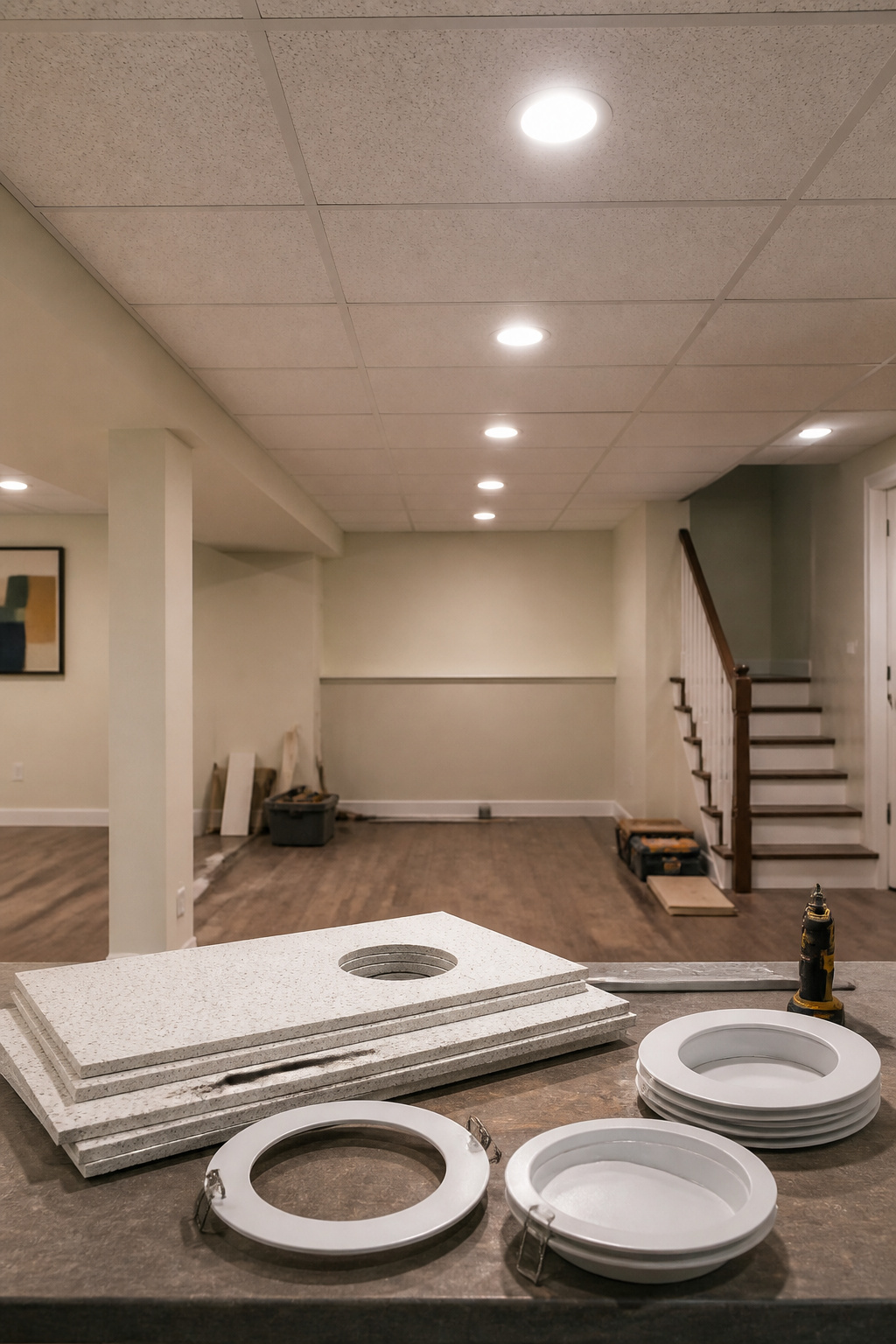Installed LED bulbs being secured in their fixtures with trim rings.