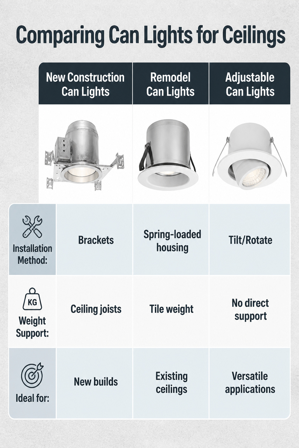 Comparison of can lights suitable for various installation scenarios.
