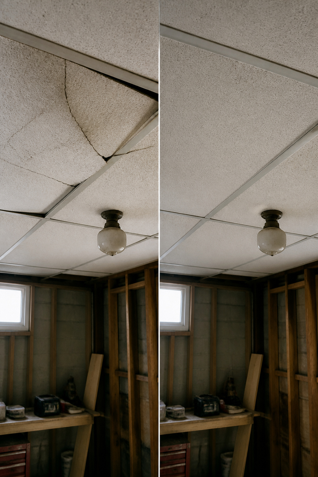 A warped ceiling tile showing signs of damage.