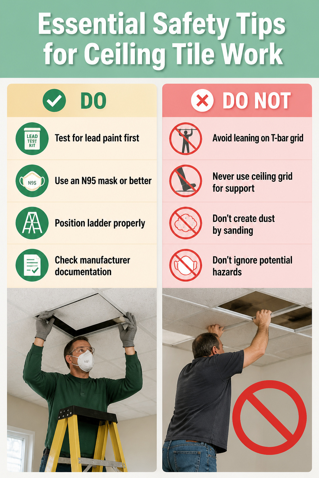 A safety mask and testing kit for lead in ceiling tiles.