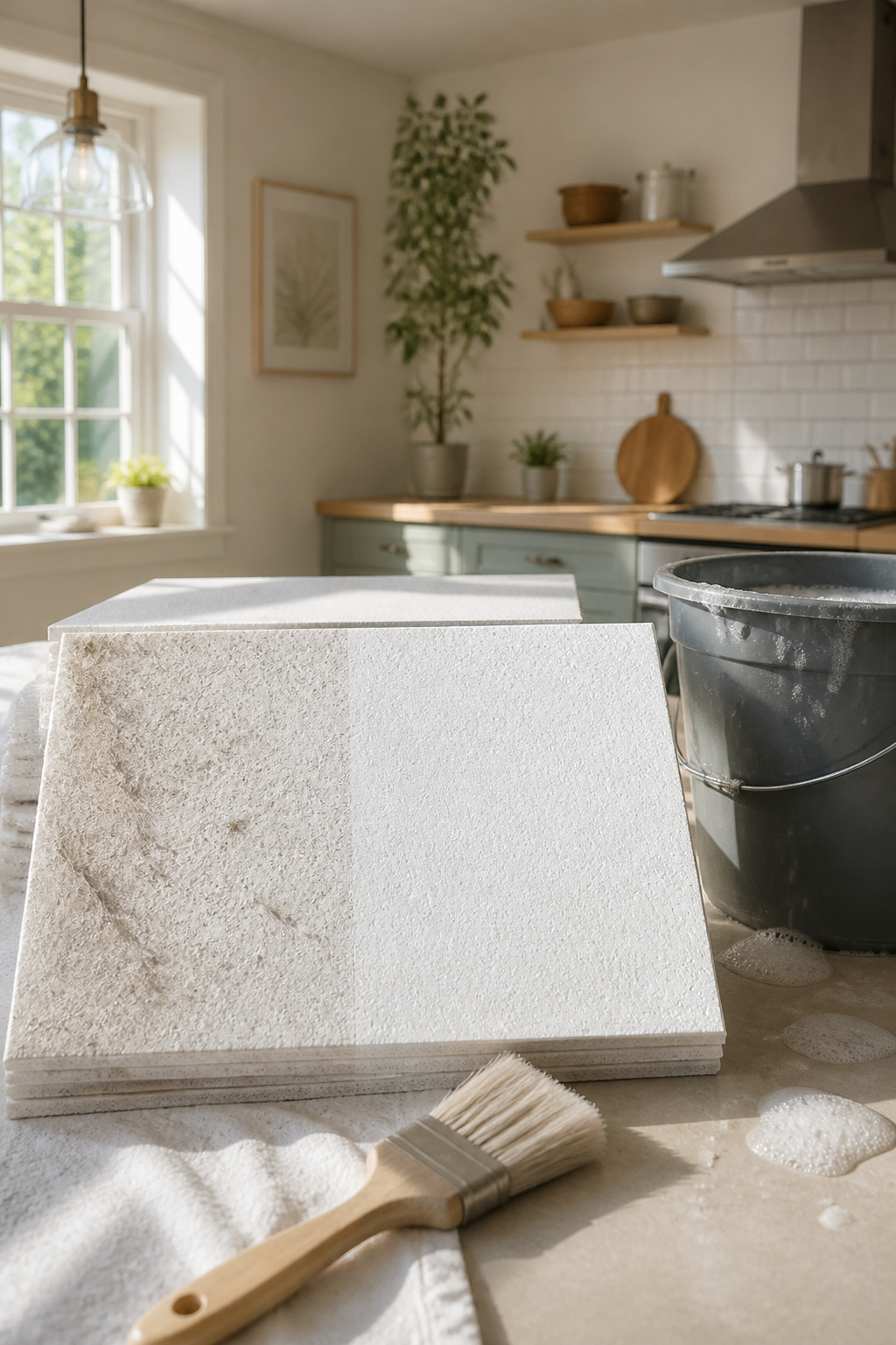 A clean ceiling tile with a soft brush and bucket nearby.