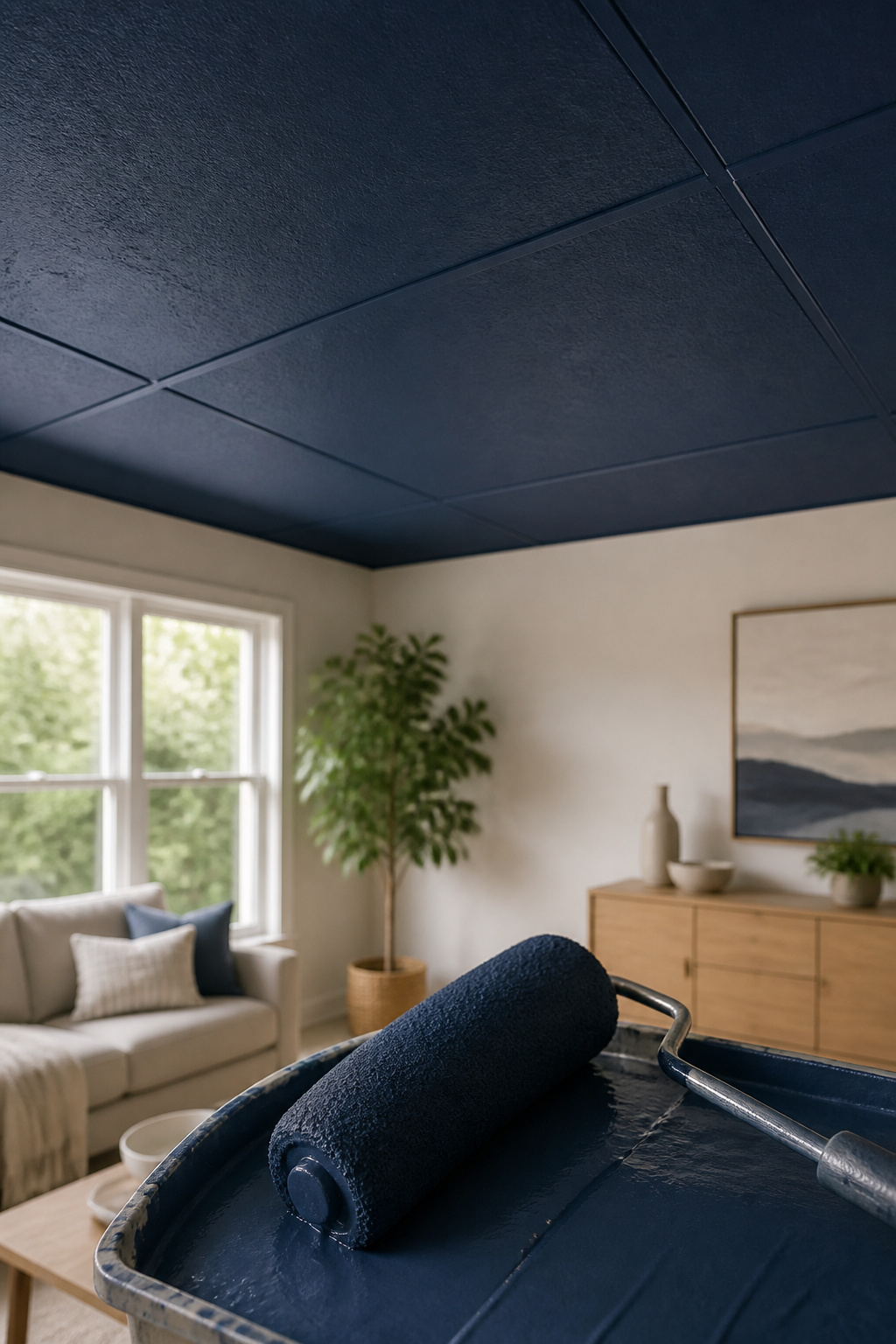 A freshly painted ceiling tile showing smooth, even coverage.