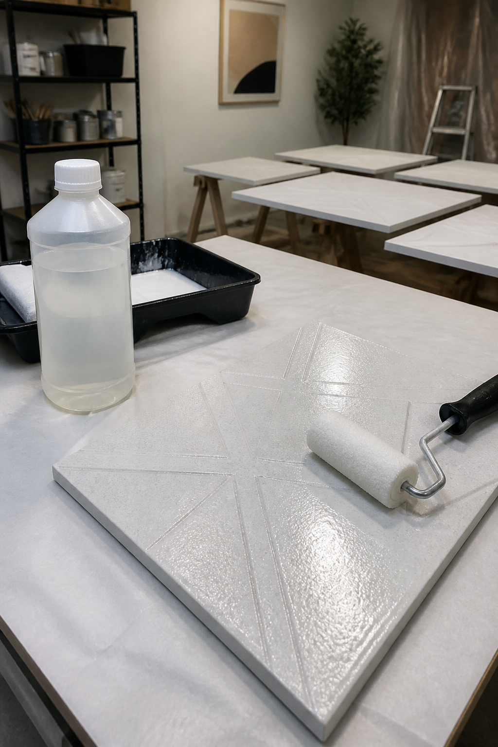 A painted ceiling tile with a sealant being applied.