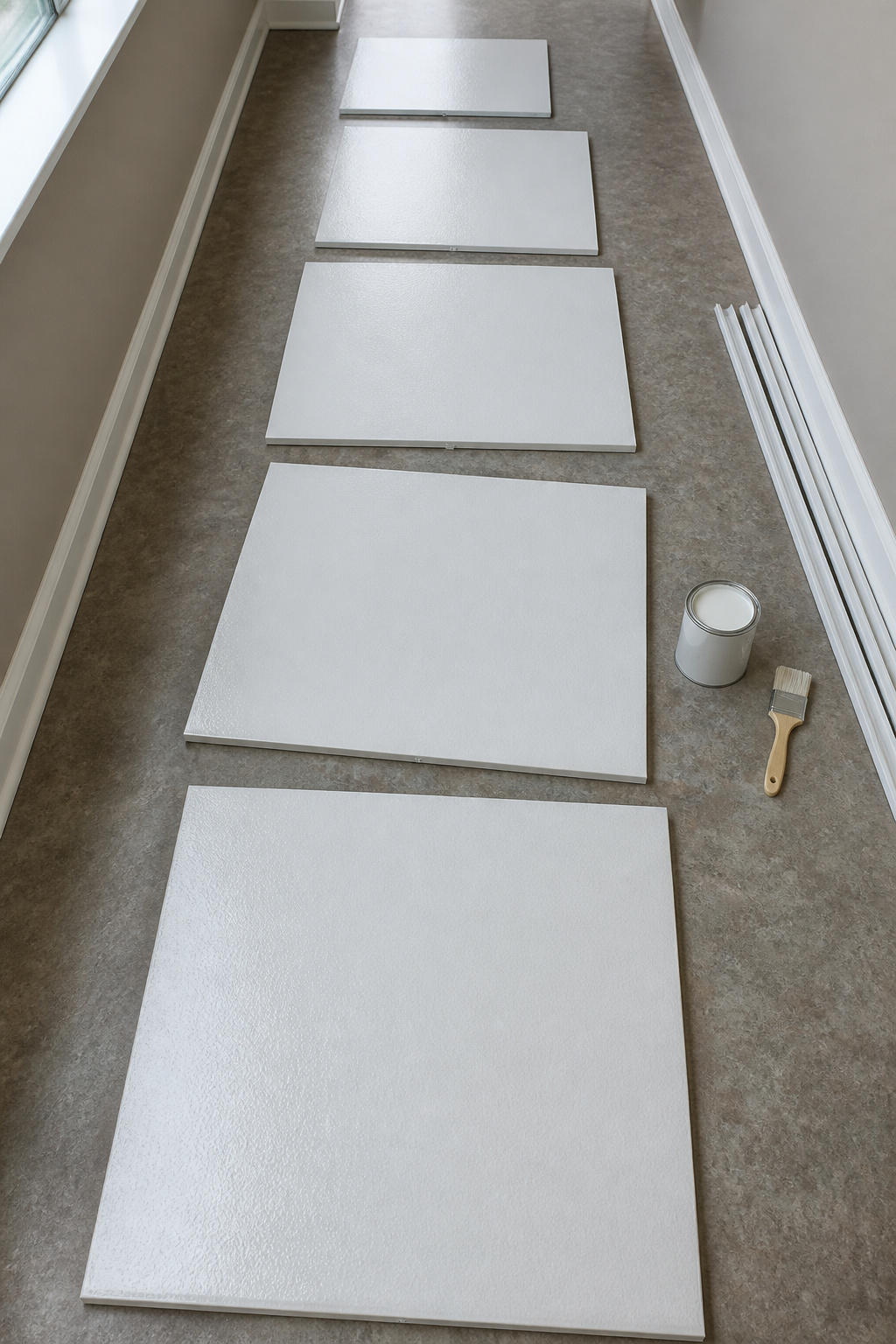 Freshly painted ceiling tiles lying flat on a surface.