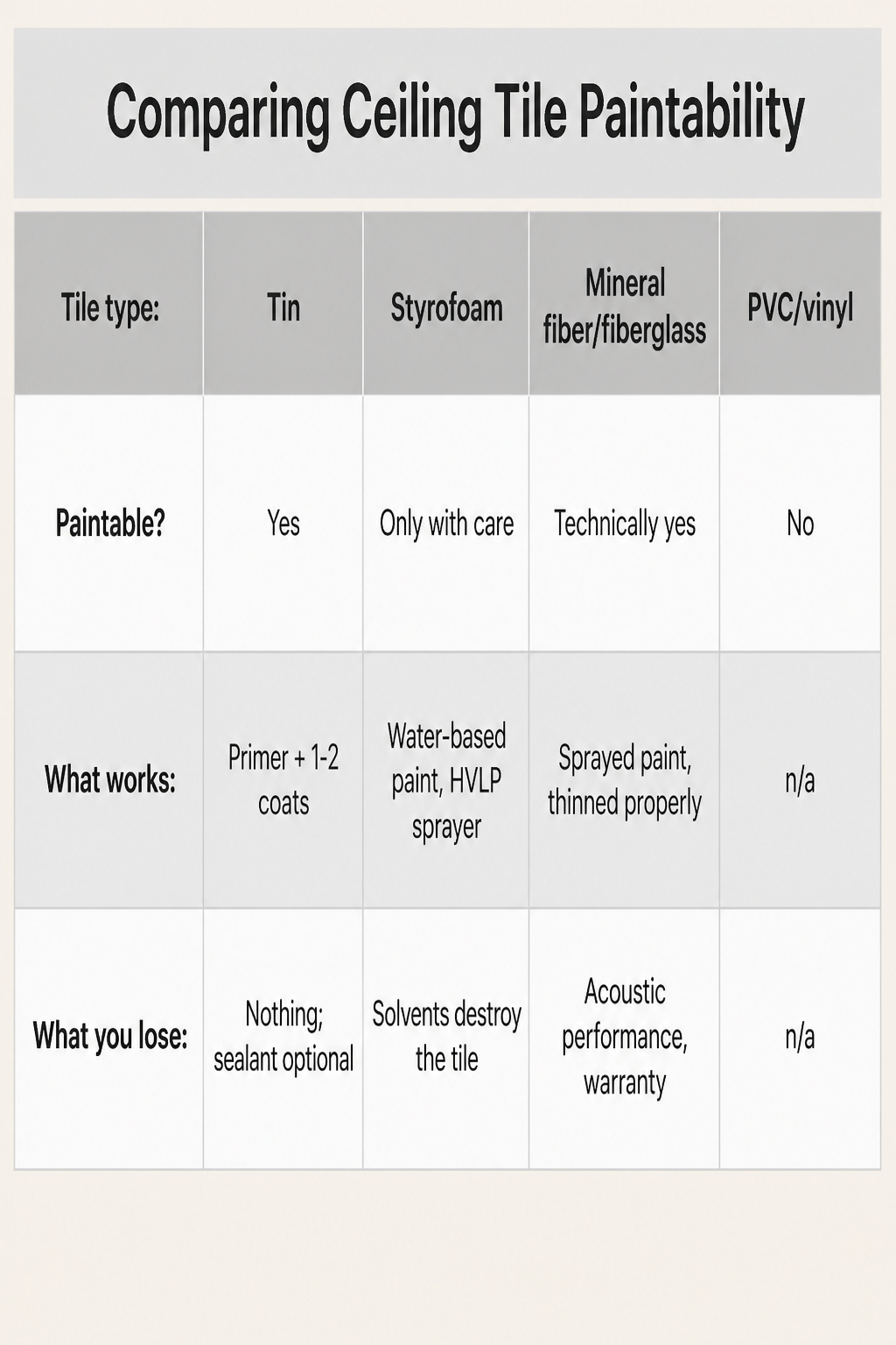 An infographic comparing the paintability of various ceiling tiles.