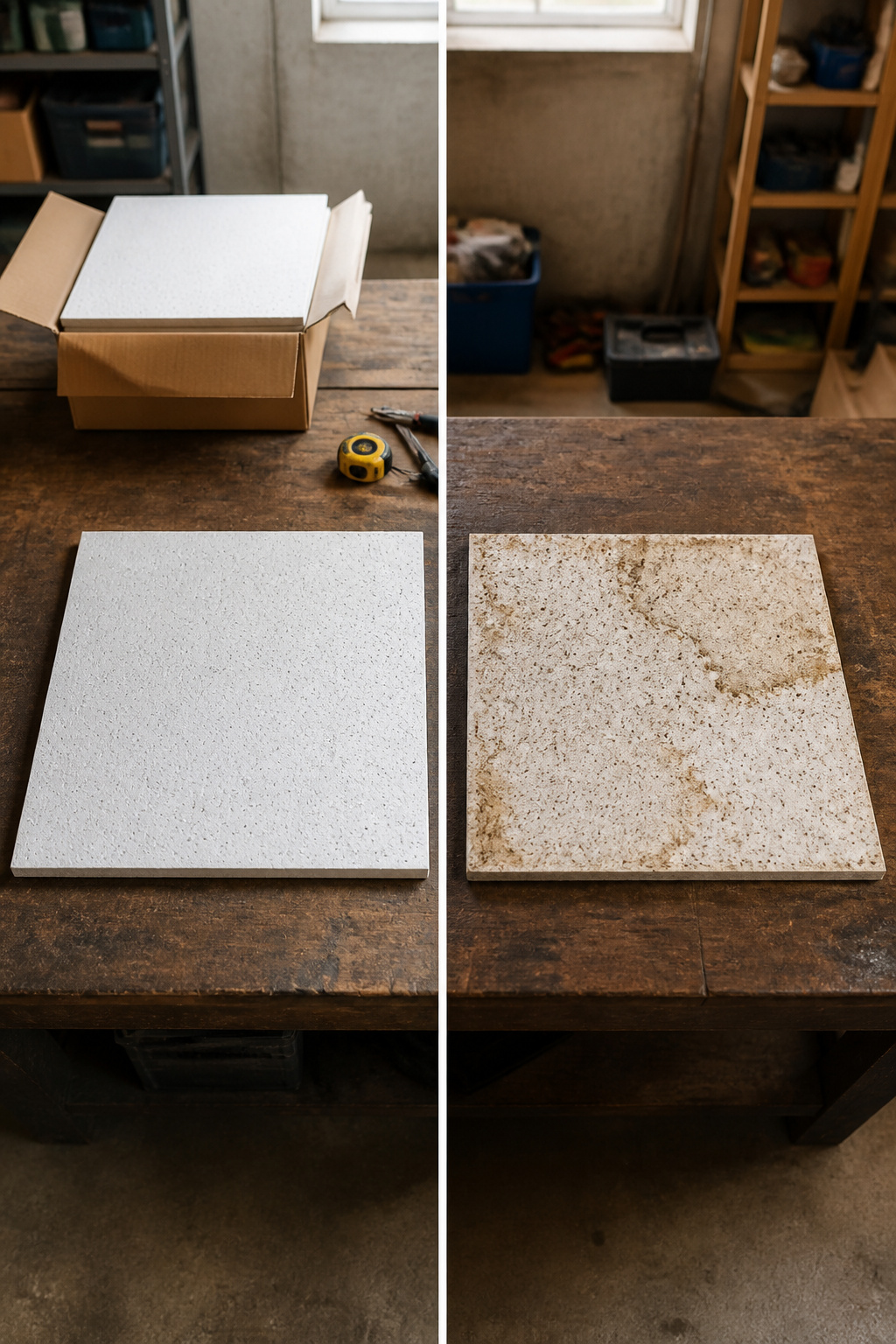 A box of mineral fiber ceiling tiles ready for installation.