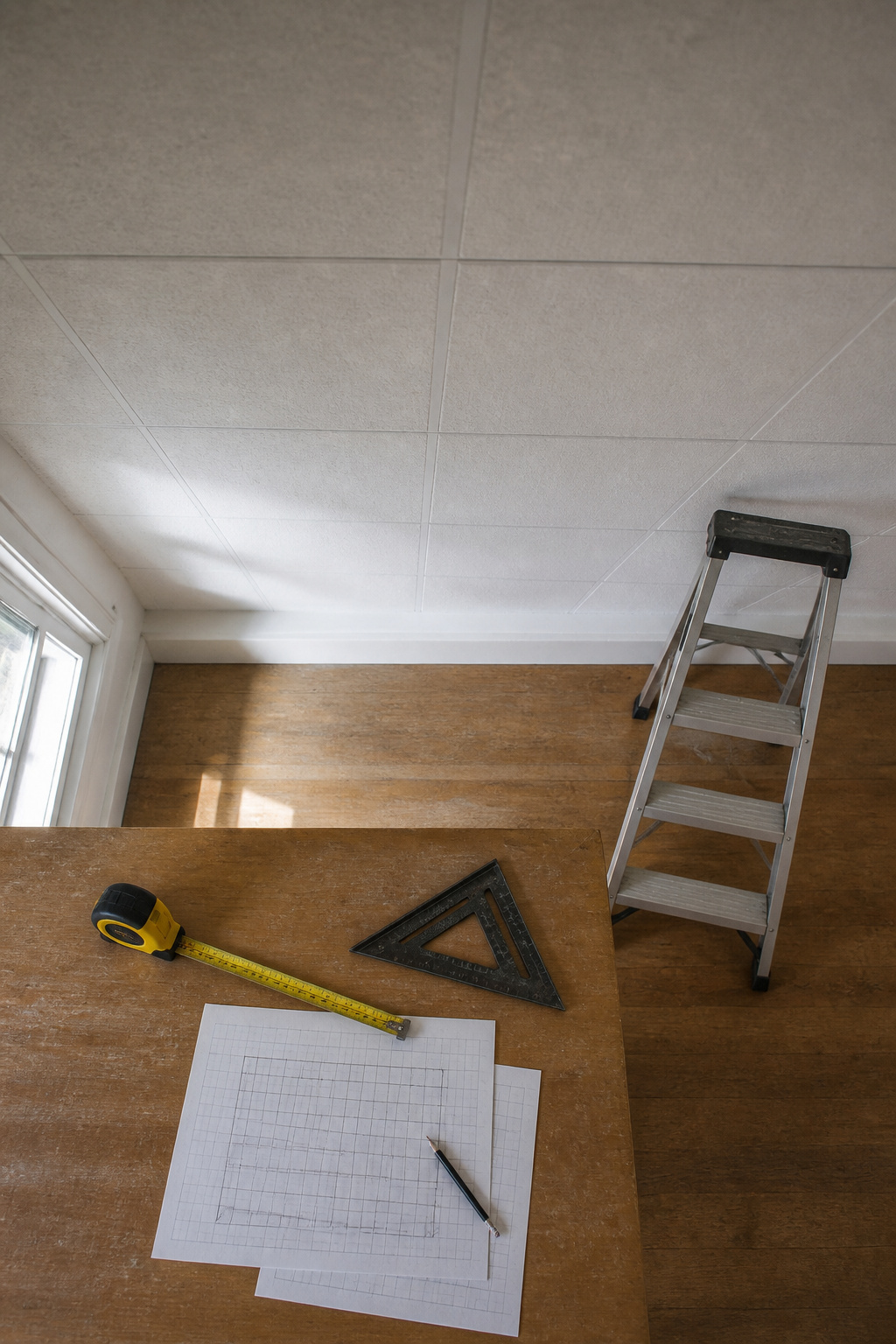 Clean ceiling surface prepared for ceiling tile installation.