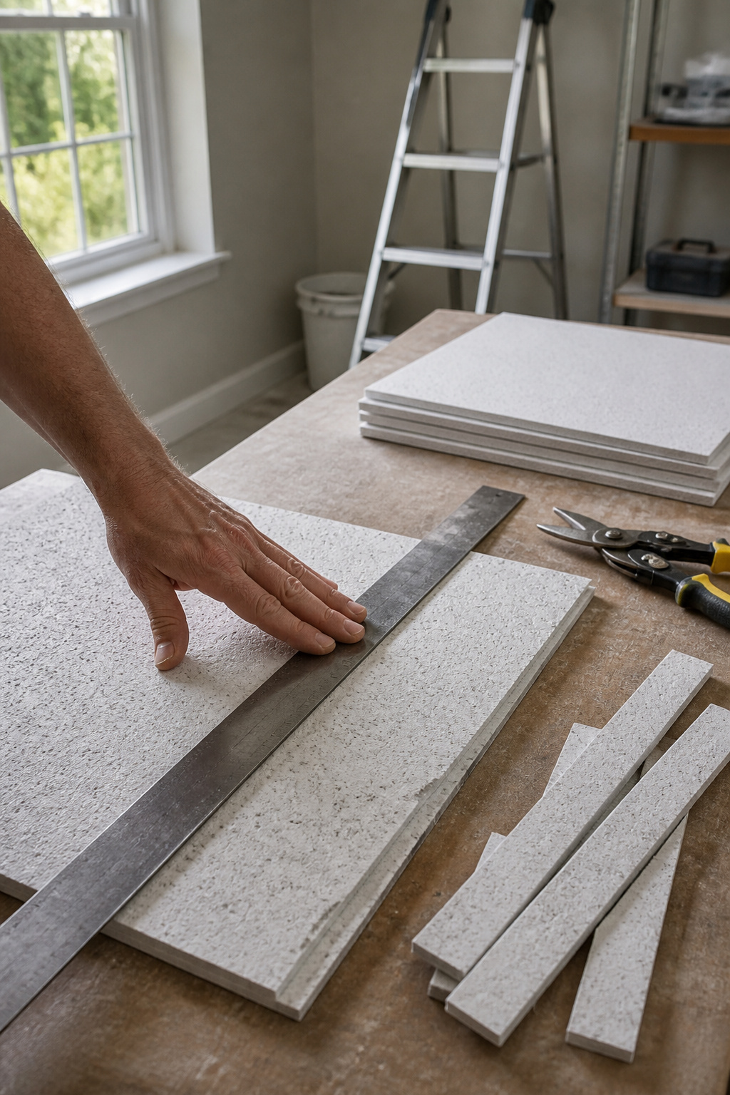 Measuring and cutting ceiling tiles with a straightedge.