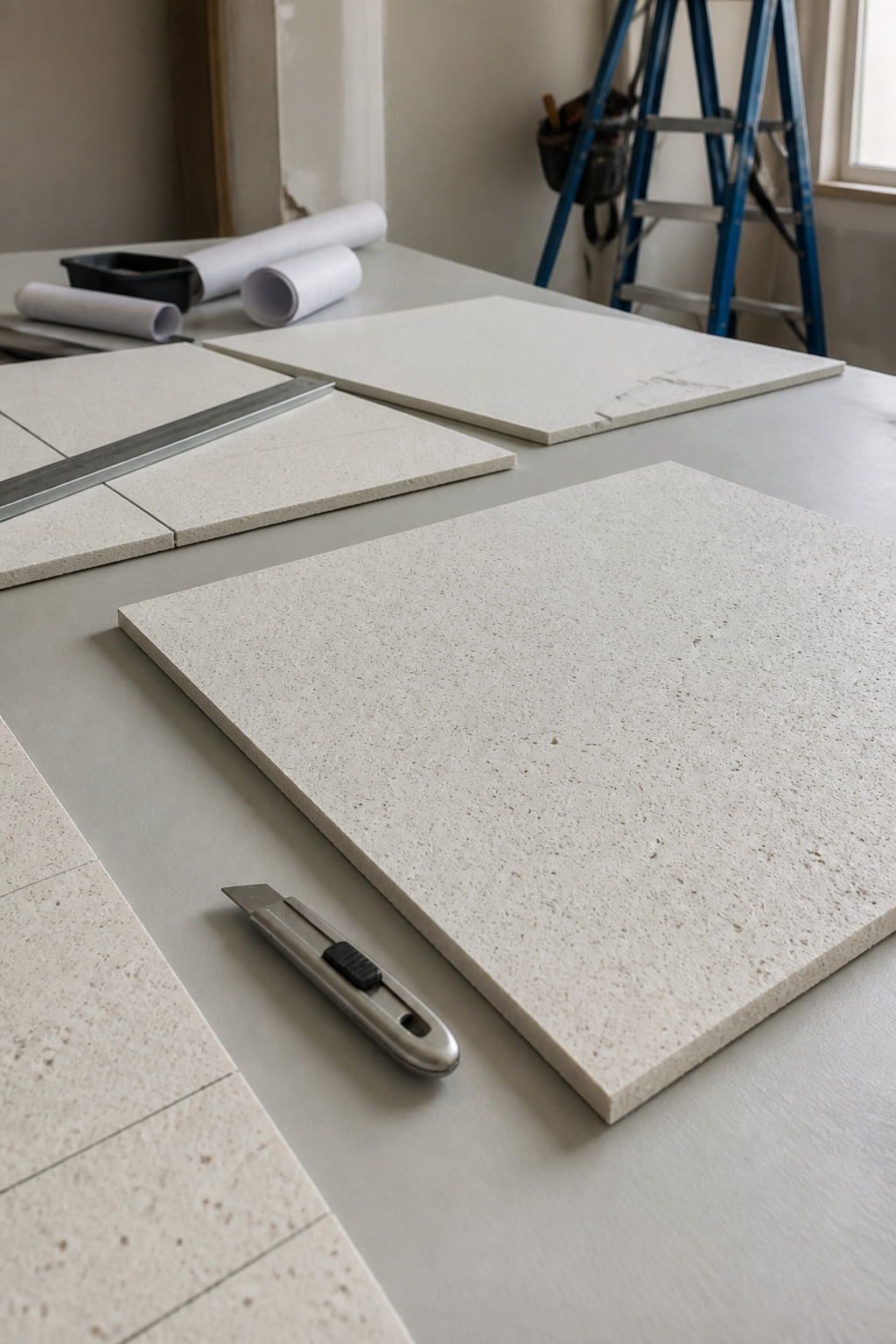 Cutting border tiles with a utility knife on a flat surface.