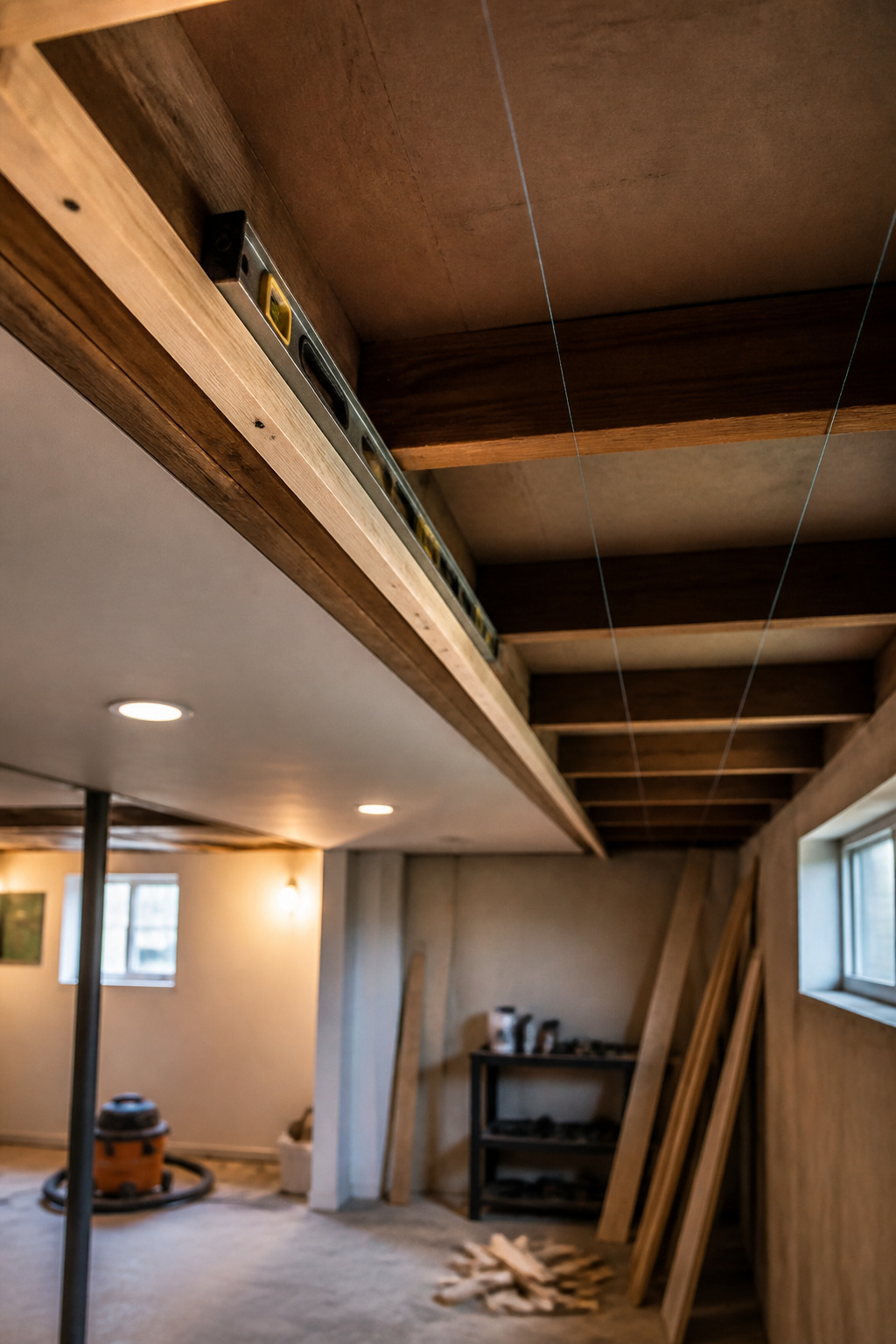 Furring strips attached to ceiling joists for tile installation.