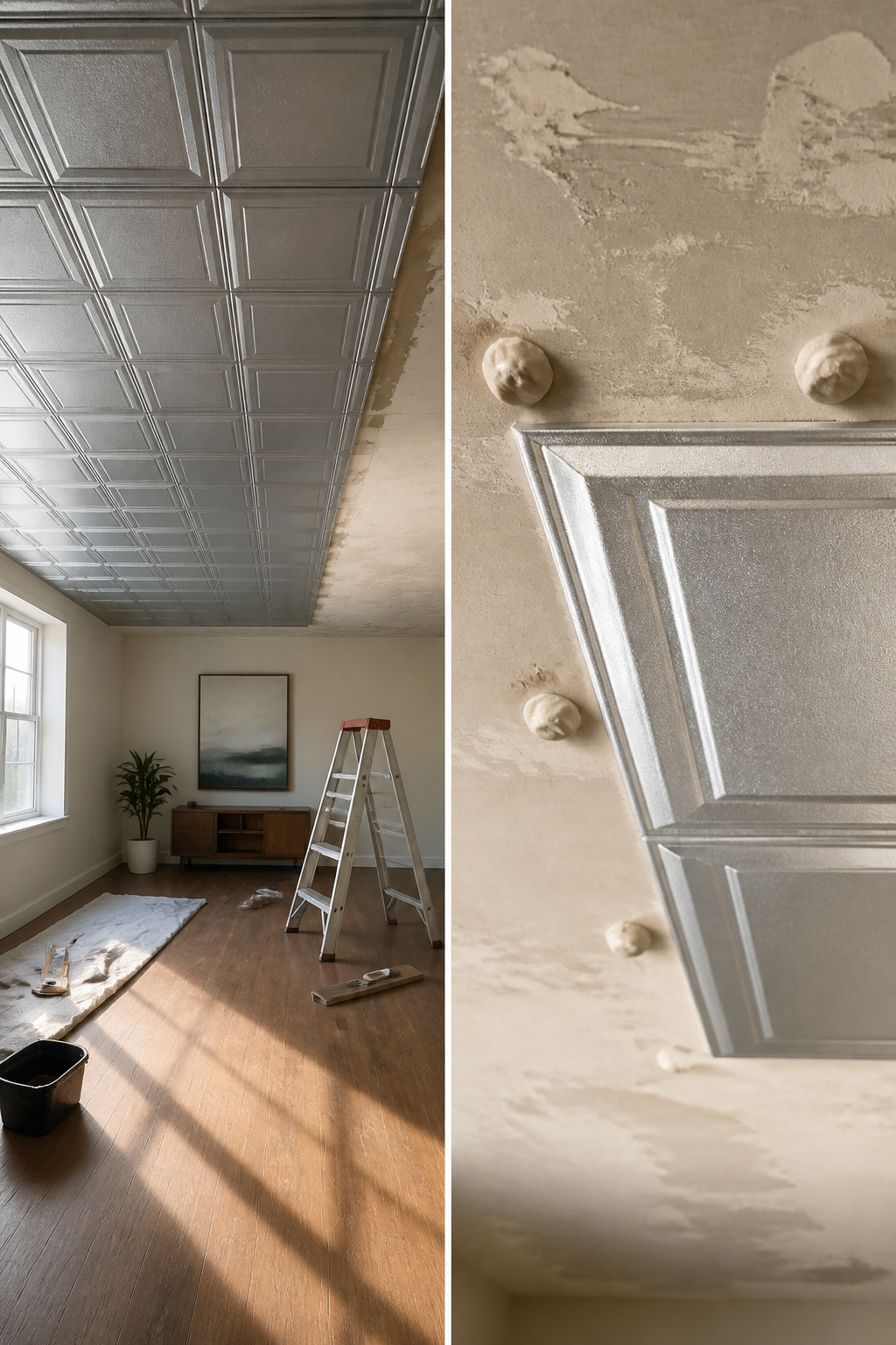Applying adhesive to the back of a ceiling tile.