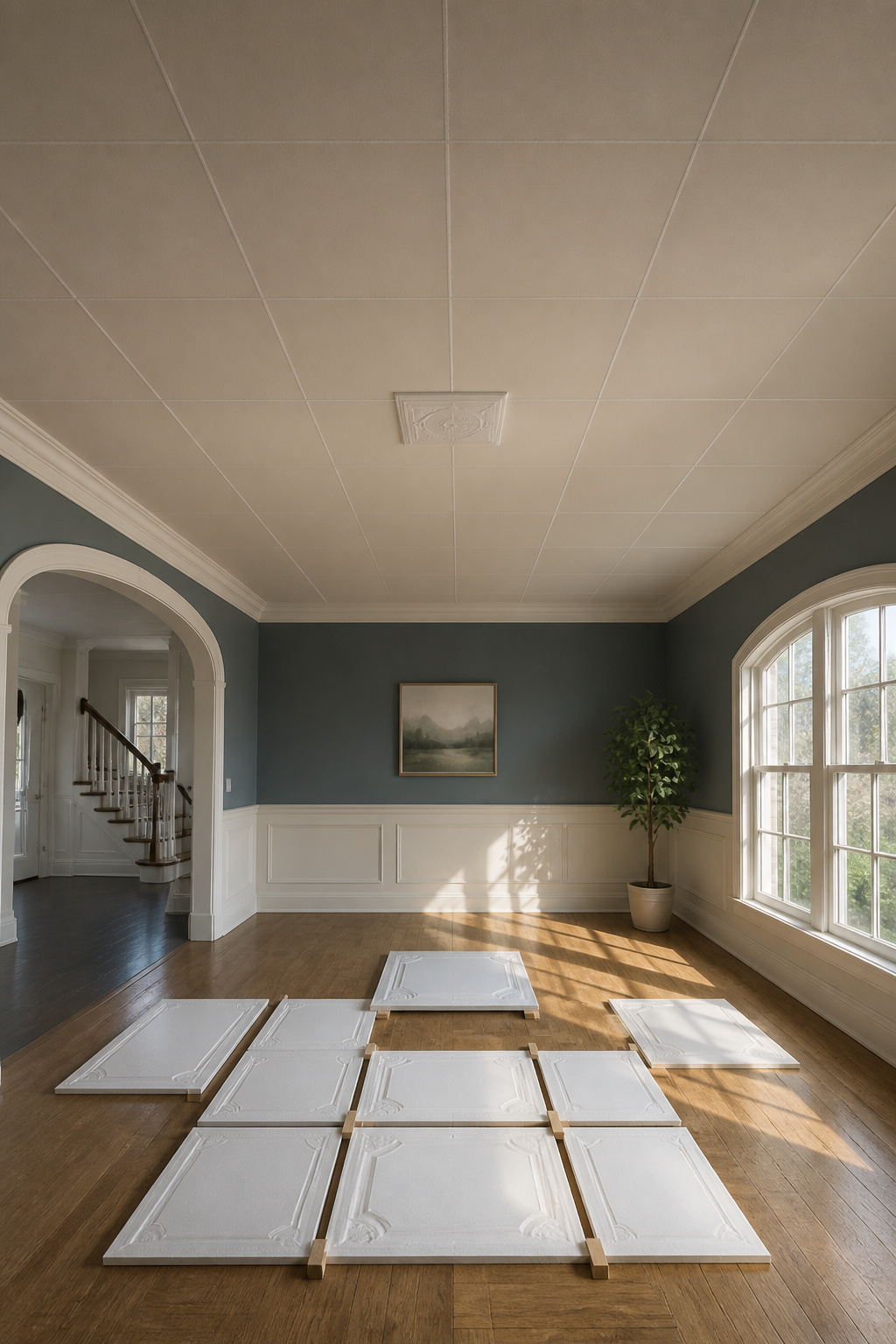 Center tile being installed in a grid pattern on the ceiling.
