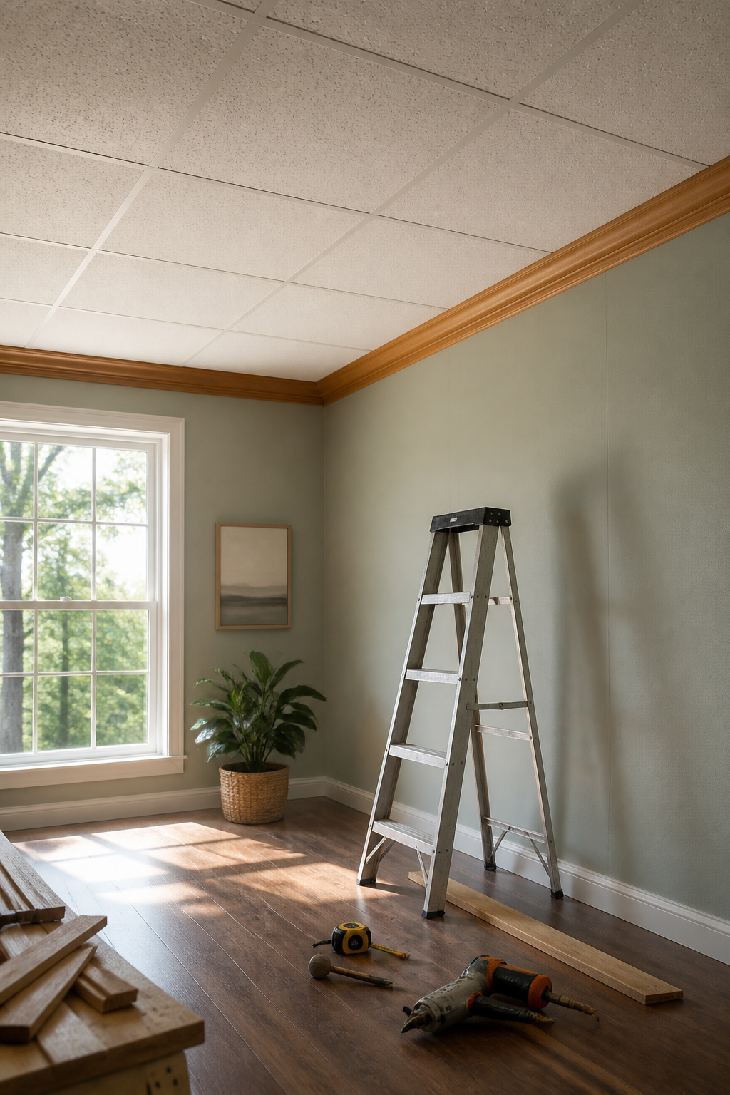 Installing border molding around the newly laid ceiling tiles.