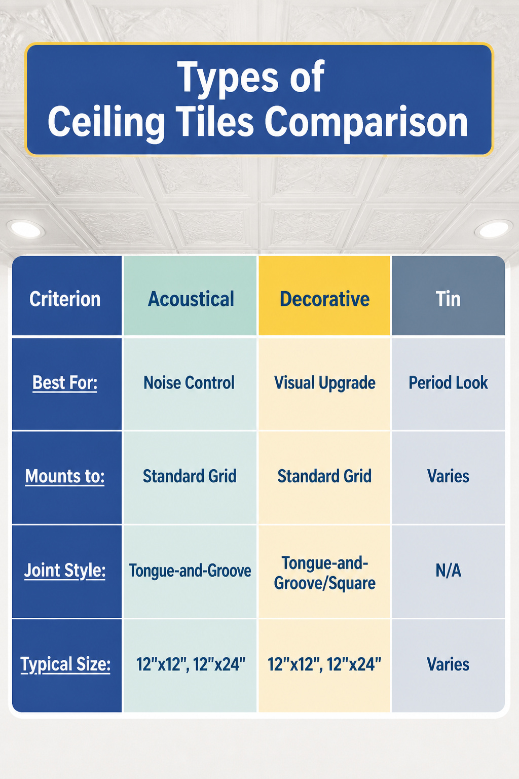 Comparison image of types of ceiling tiles and their uses.
