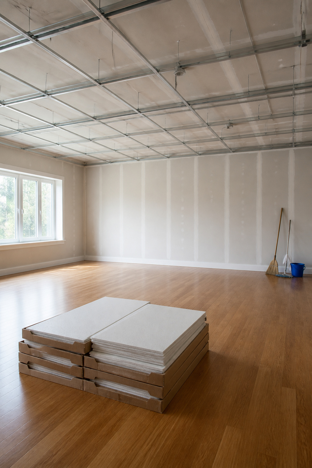 Empty floor space prepared for installing drop ceiling tiles.
