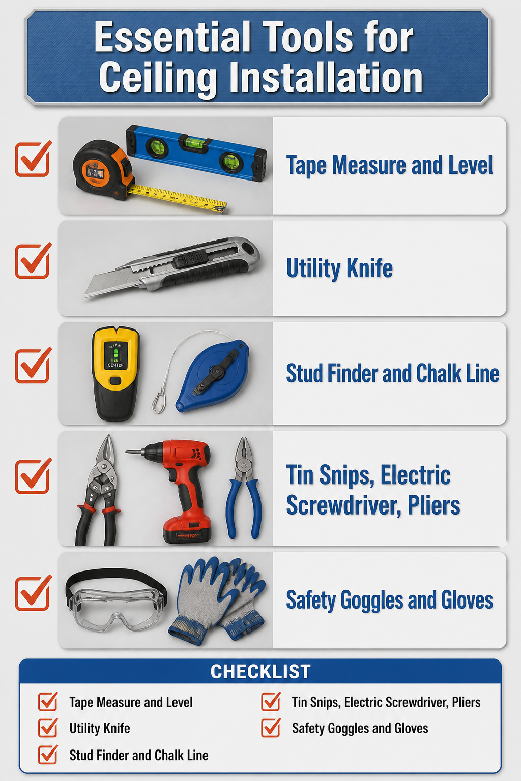 Collection of tools needed for installing ceiling tiles.