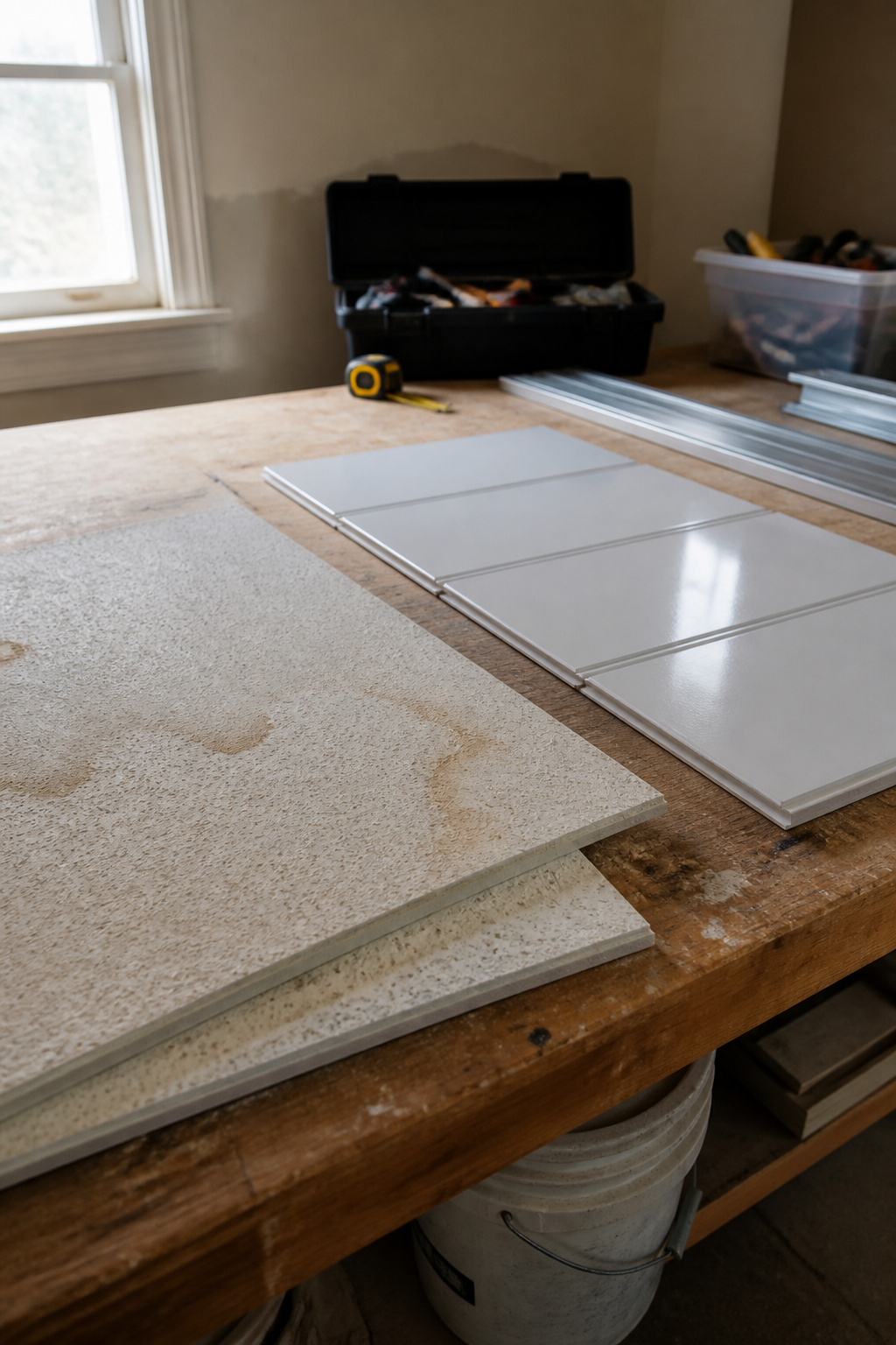 Variety of ceiling tiles displayed on a workbench.
