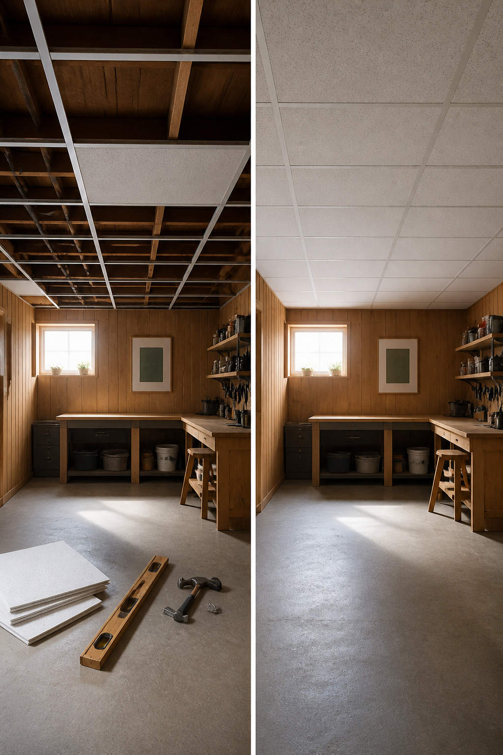 Information on drop-in versus glue-up ceiling tiles.