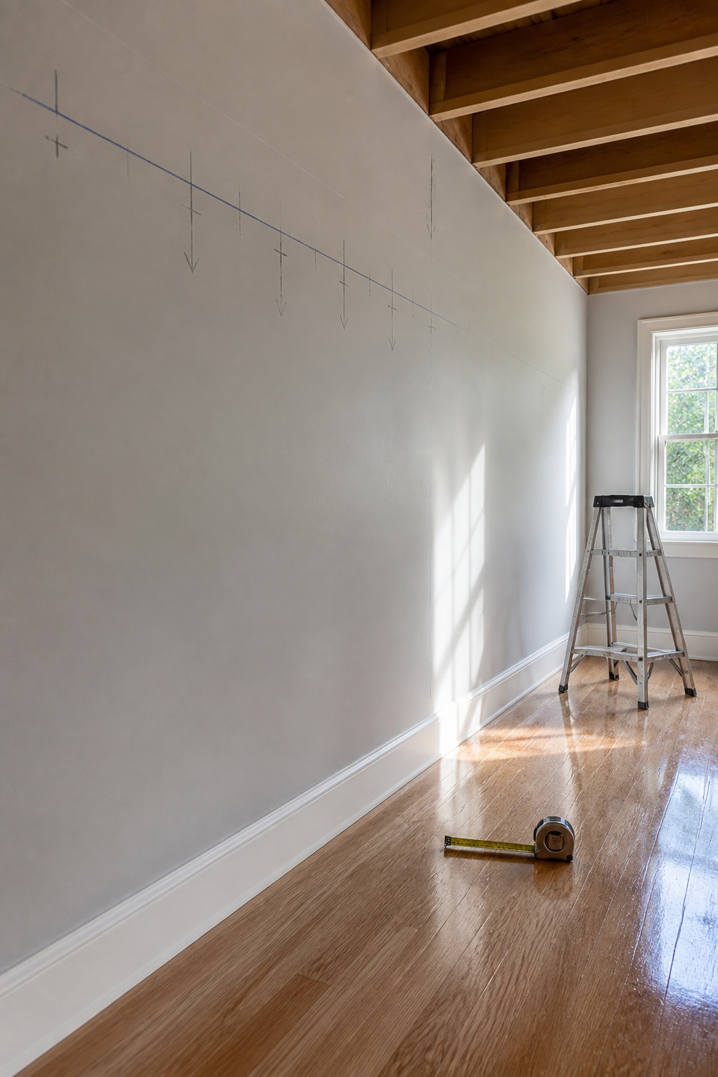 Detailed measurements and chalk line marked on a wall.